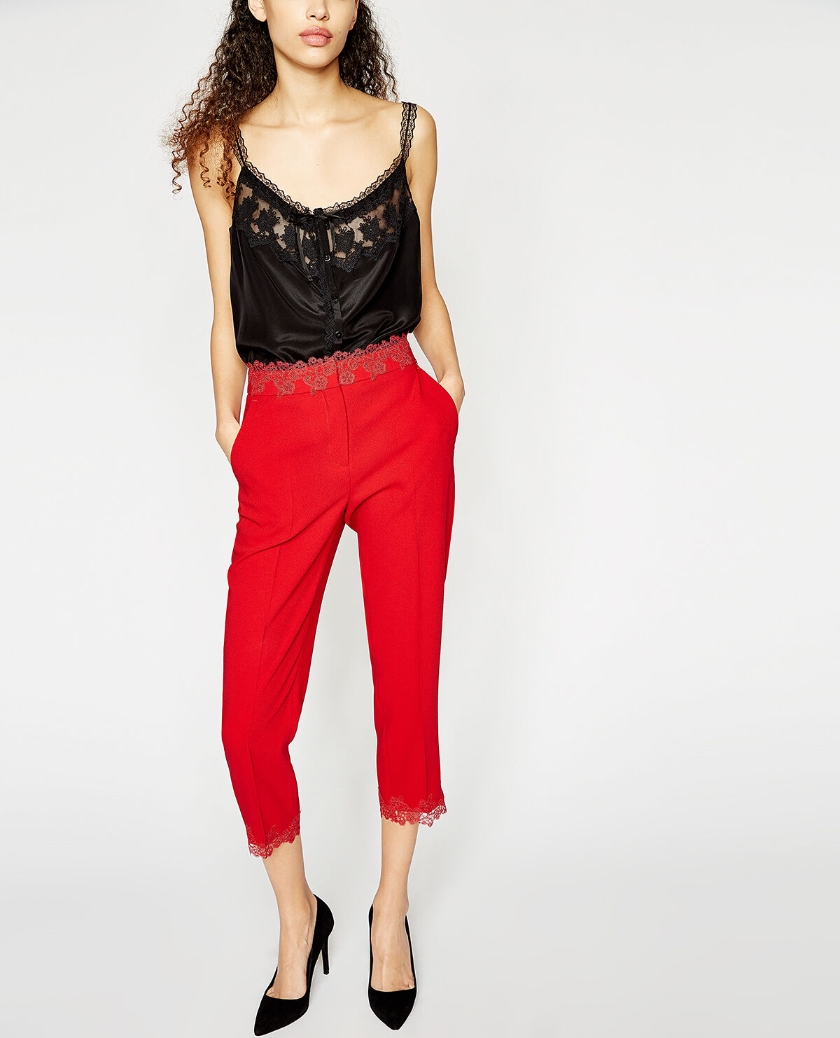 Red lace pants sales