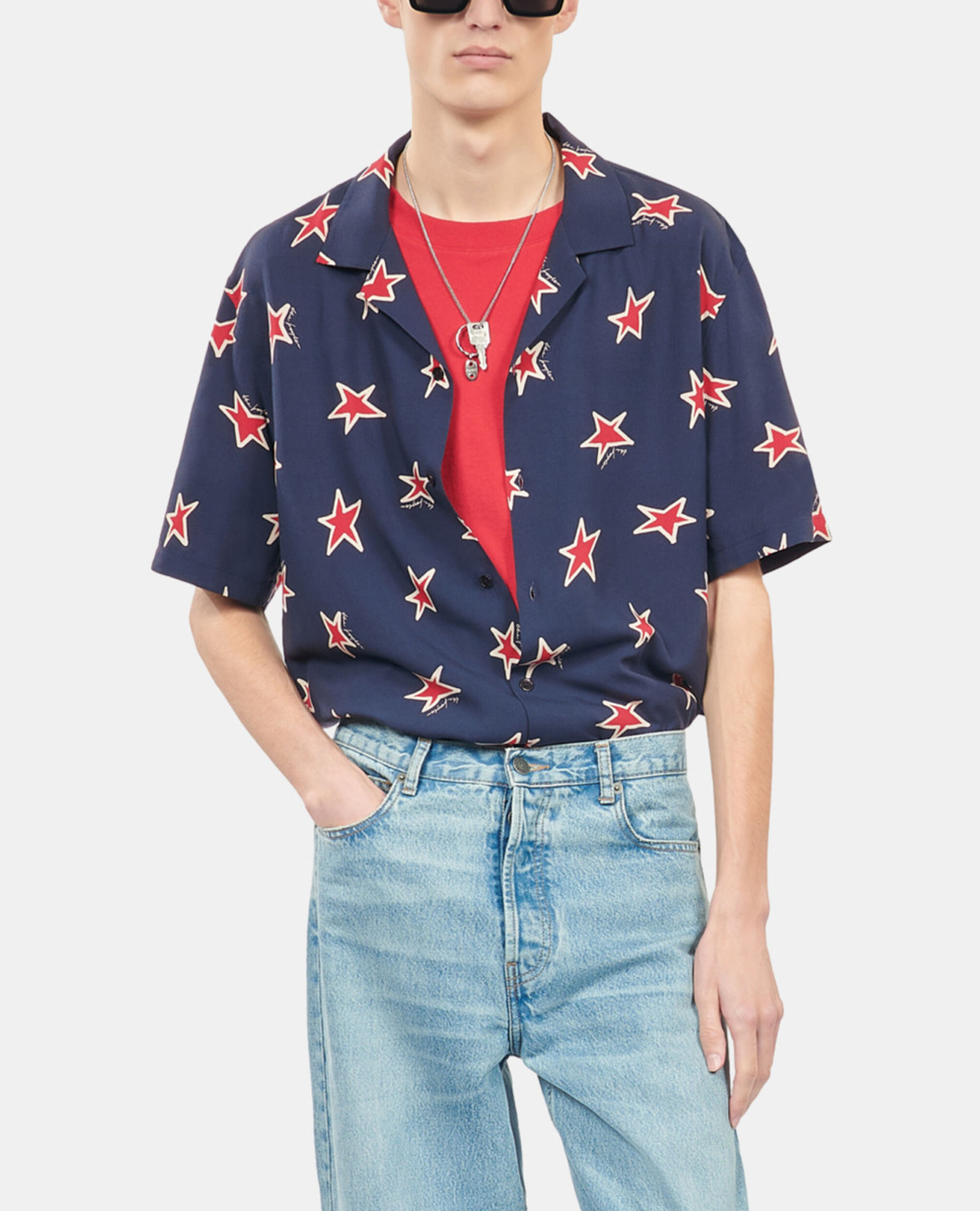 Short-sleeved star printed shirt, NAVY-RED, hi-res image number null