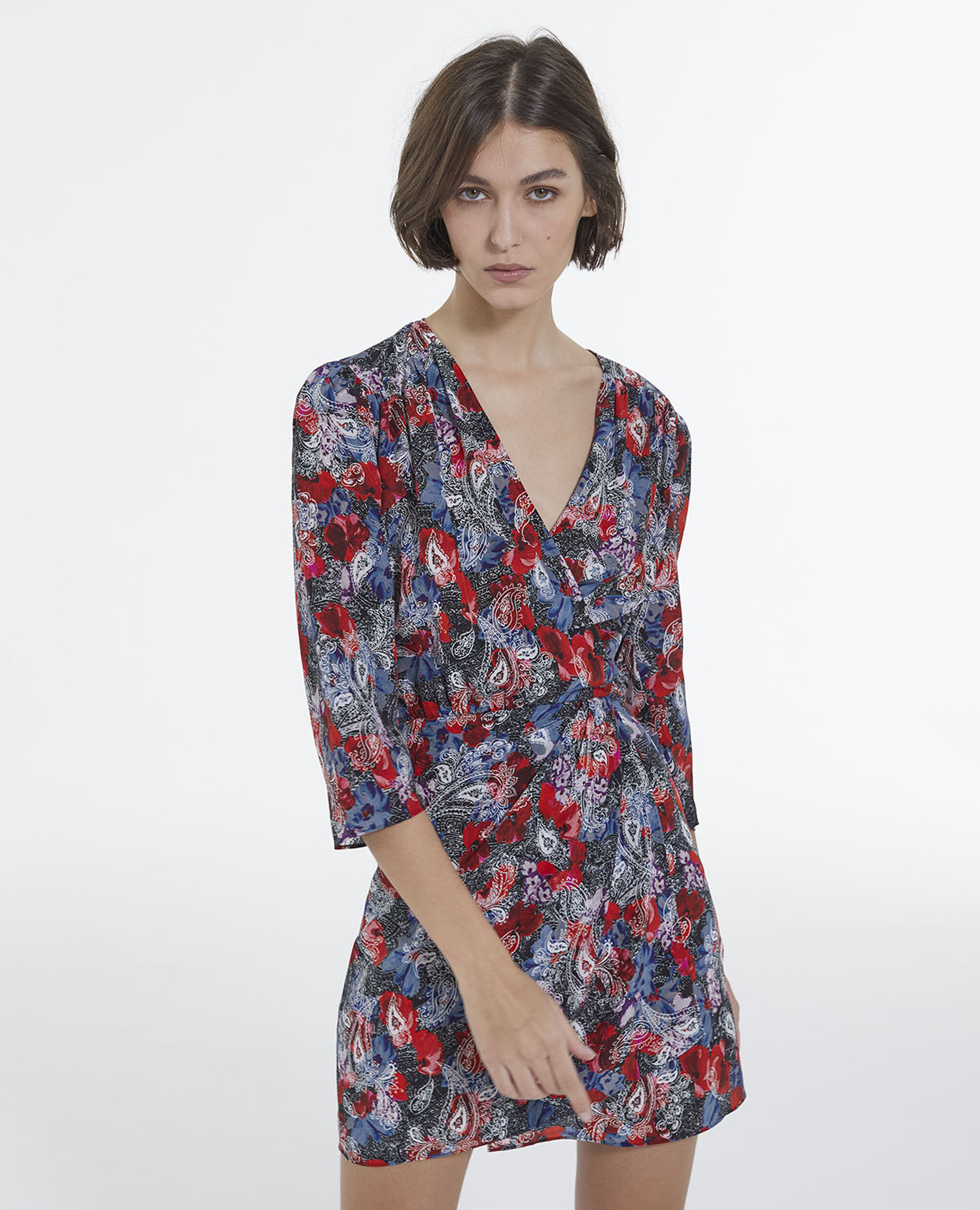 Short silk dress with floral print, RED, hi-res image number null
