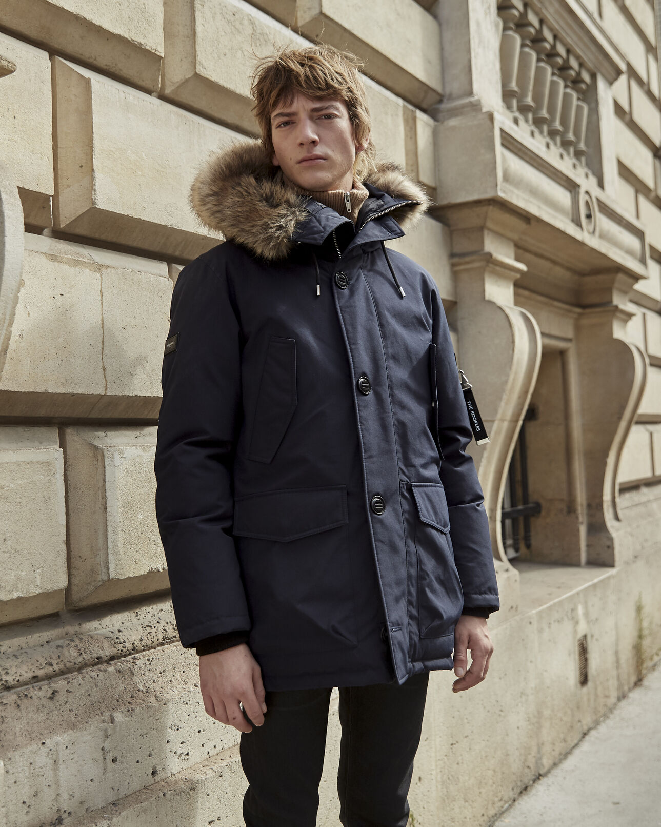 The Kooples MEN NAVY blue parka with faux fur hood