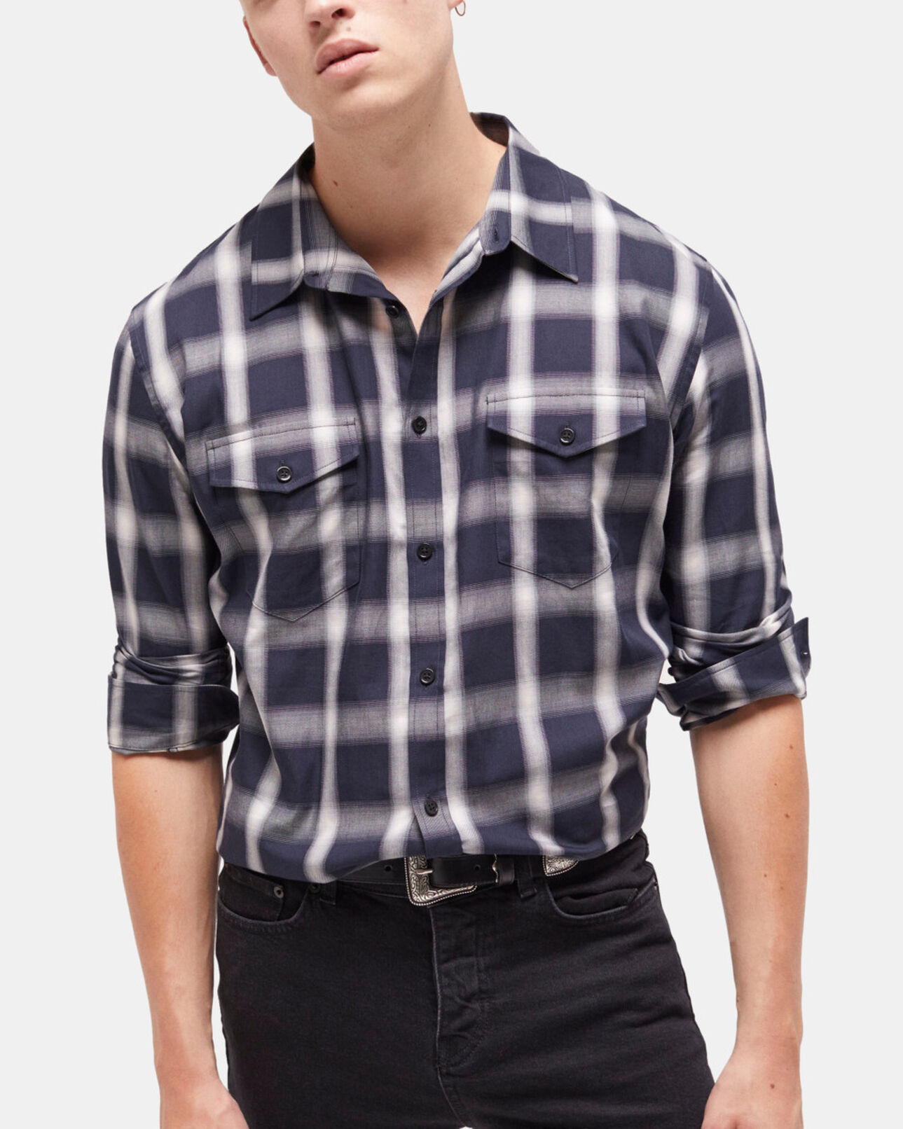 The Kooples HOMME NAVY ECRU chemise à carreaux et poches