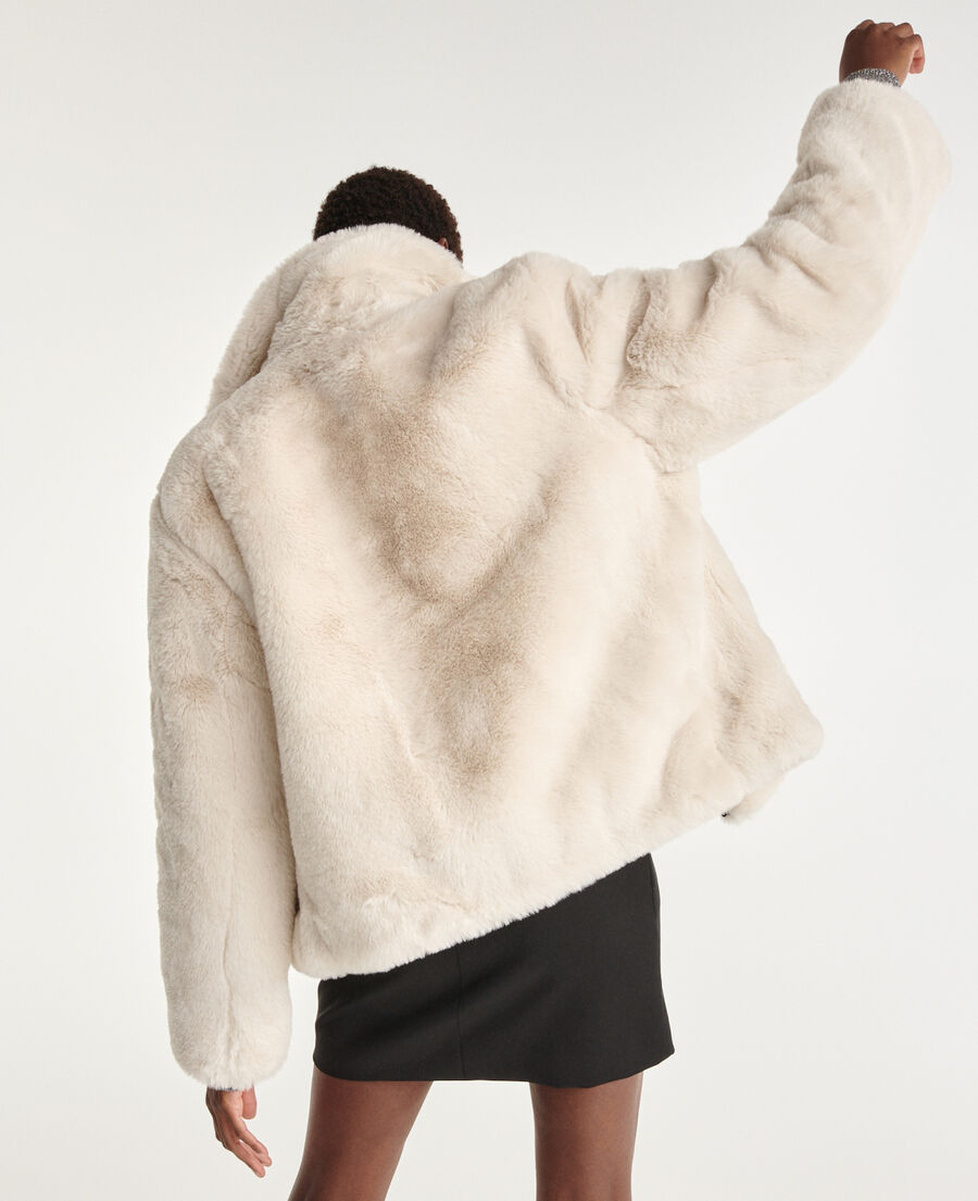 white faux fur coat with leather