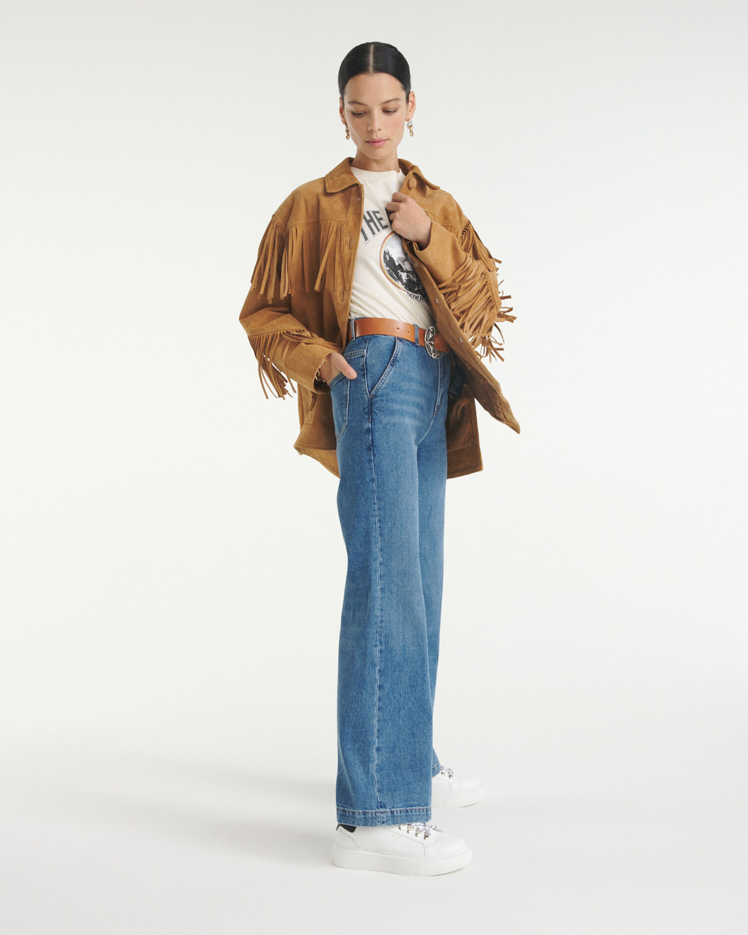 Camel suede jacket with fringing, CAMEL, hi-res image number null