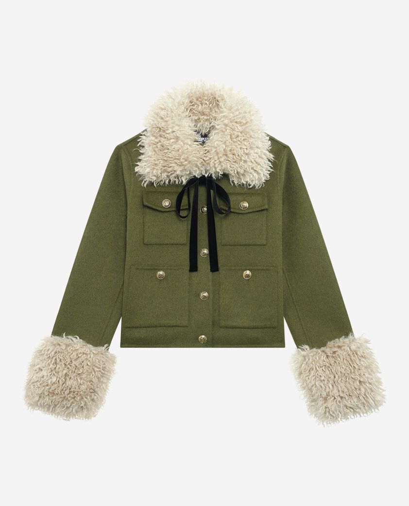 The Kooples FEMME KAKI blouson court en laine col sherpa kaki