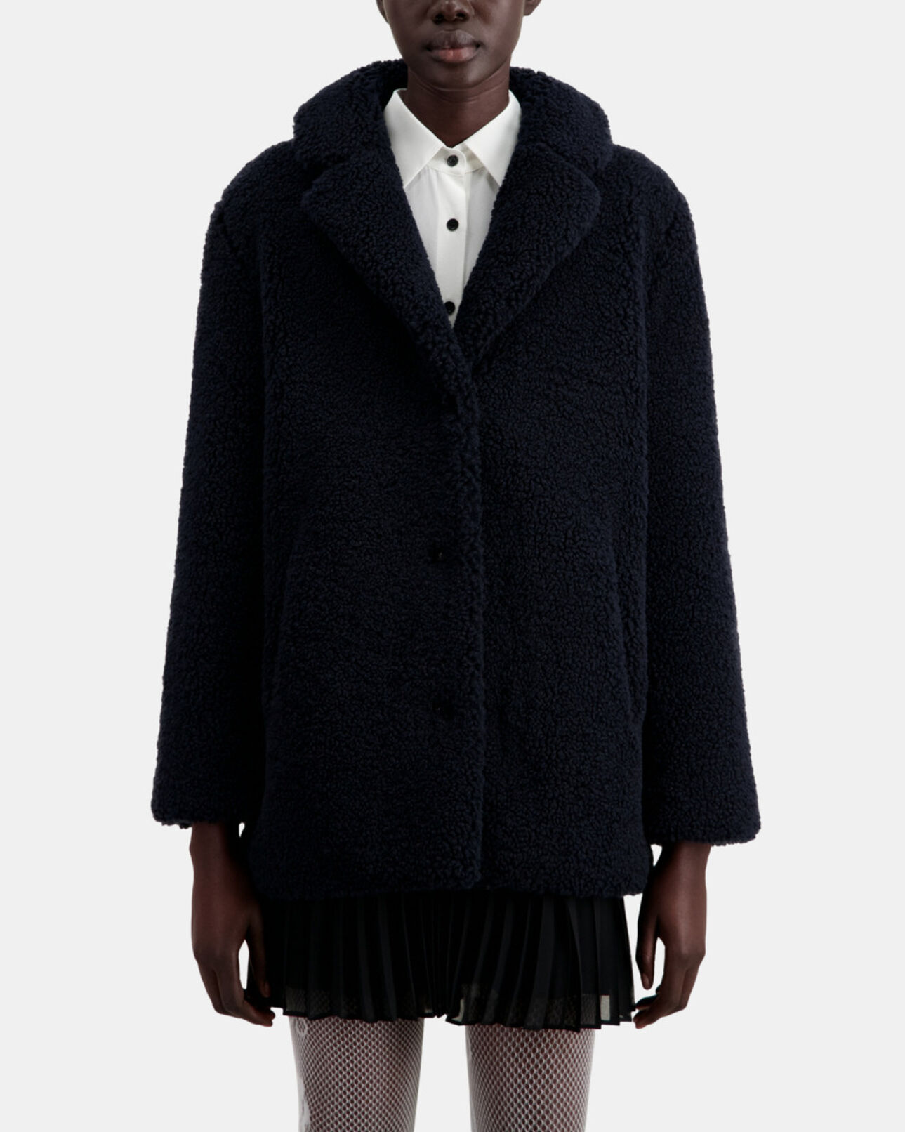 The Kooples FEMME NAVY manteau bleu marine court imitation laine de mouton