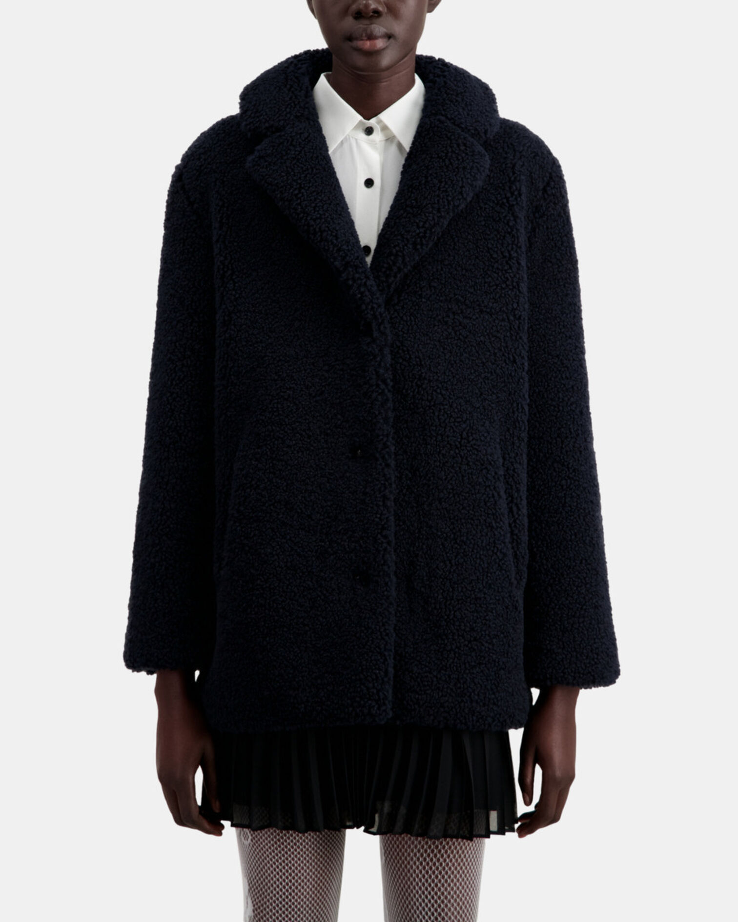 Manteau bleu marine court imitation laine de mouton, NAVY, hi-res image number null