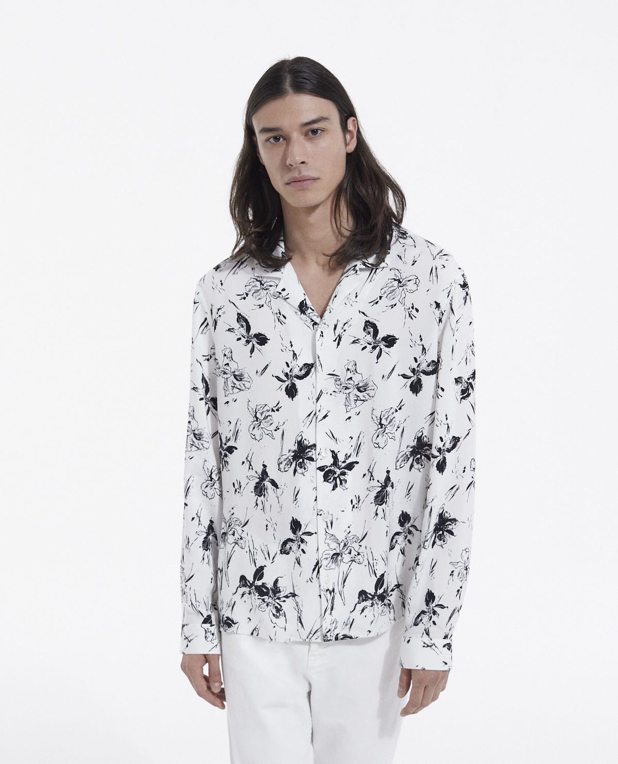 Weißes Herrenhemd mit Blumenprint, WHITE / BLACK, hi-res image number null