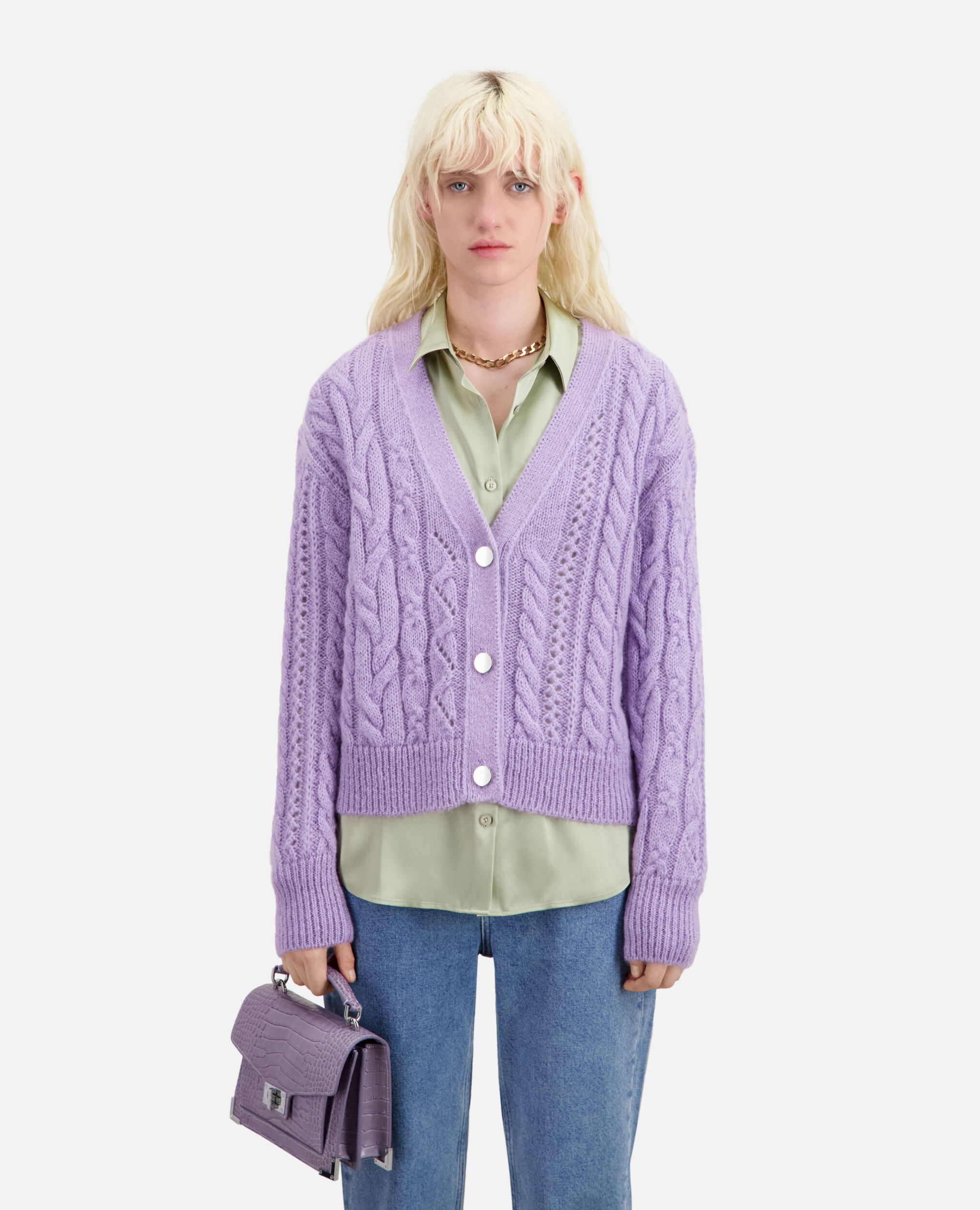 Mauve cable-knit wool-blend cardigan | The Kooples - US