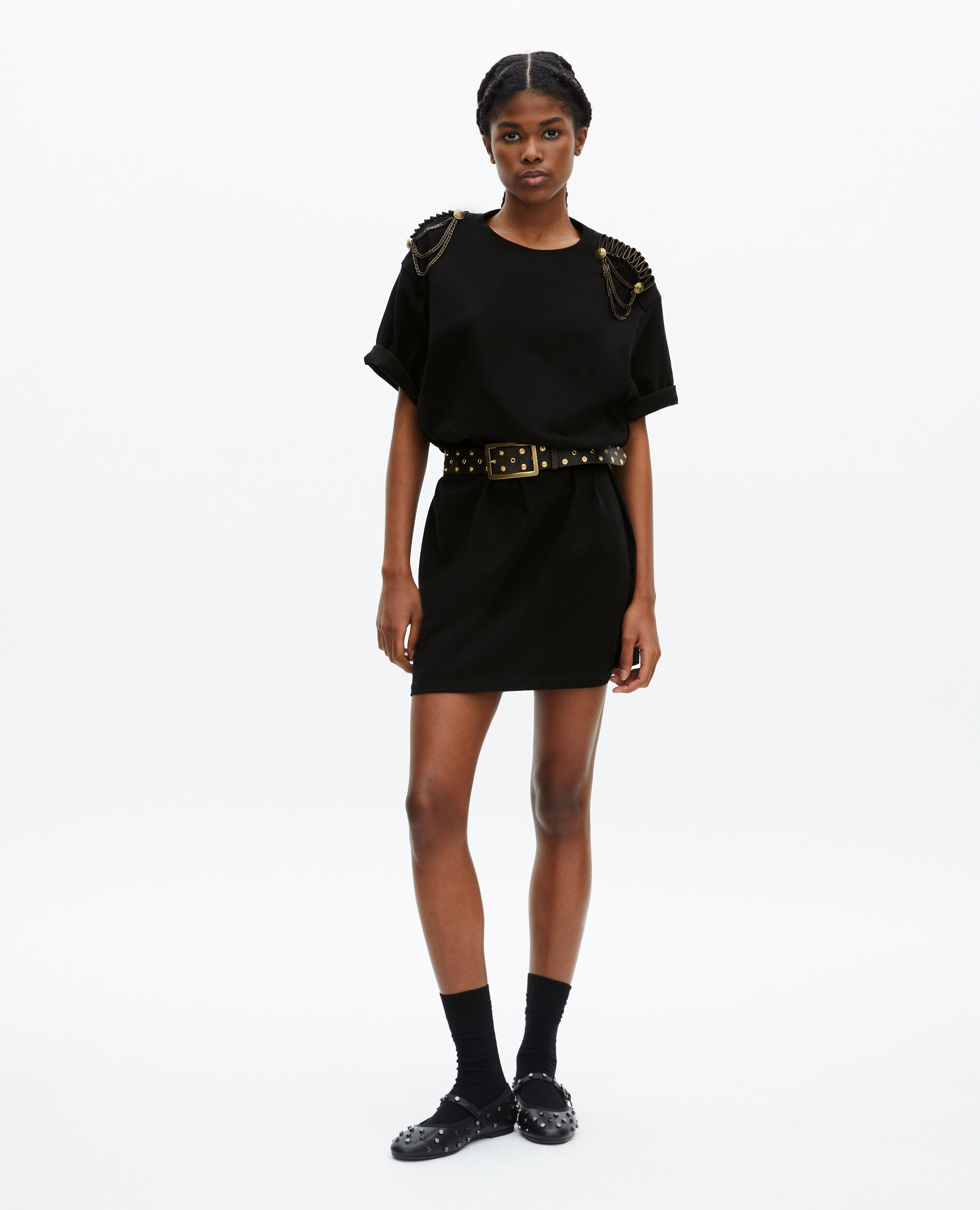 Short black dress with shoulder pads, BLACK WASHED, hi-res image number null