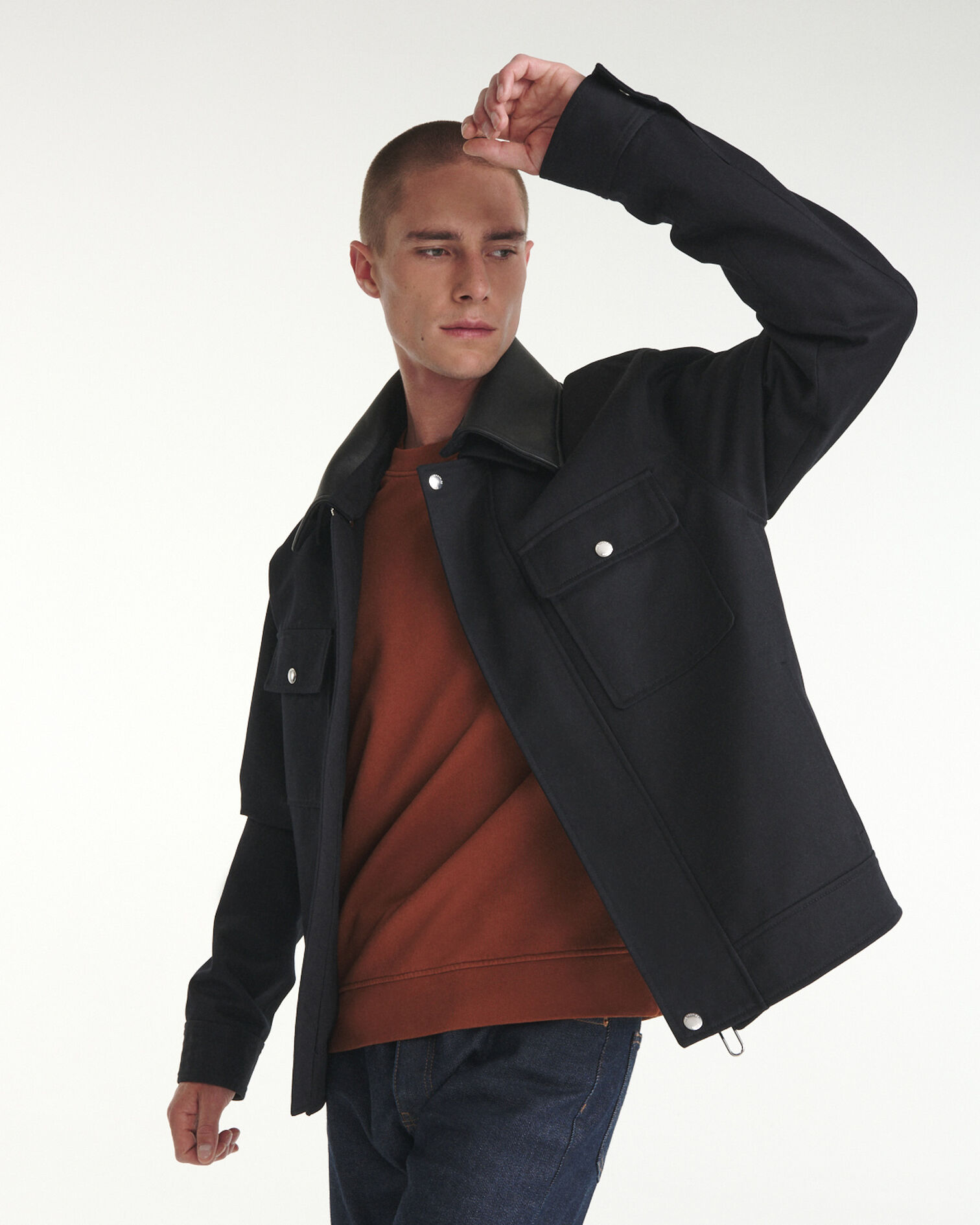 Technical navy blue jacket w/leather collar, NAVY, hi-res image number null