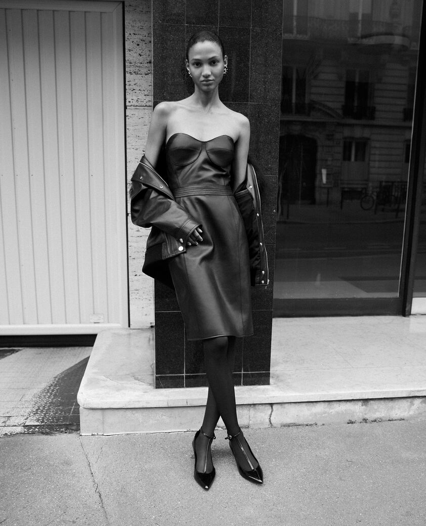 The Kooples WOMEN BLACK short strapless black leather dress