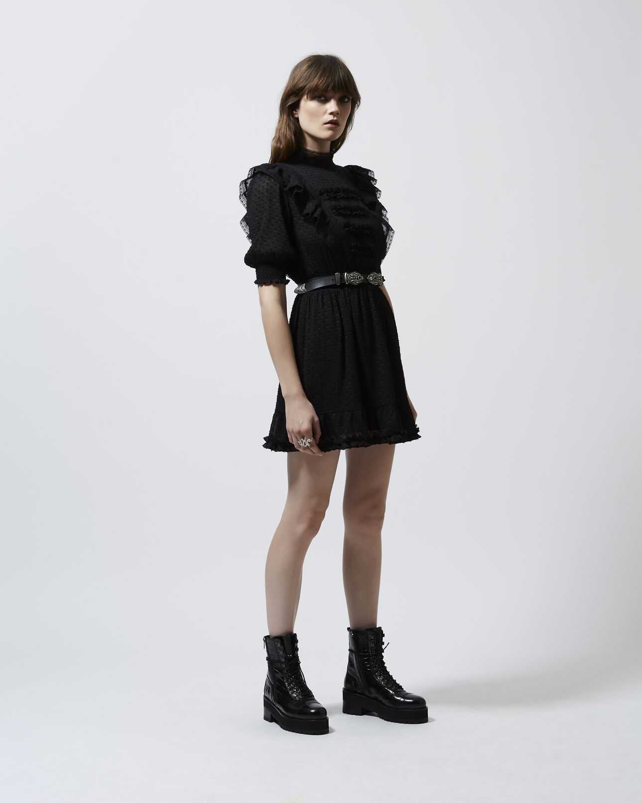 The Kooples FEMME BLACK robe noire courte col rond plumetis