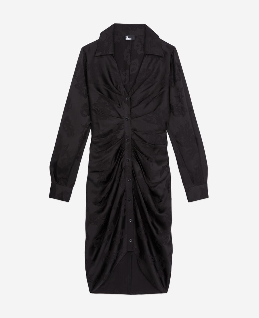 The Kooples FEMME BLACK robe noire mi-longue à fleurs avec fronces