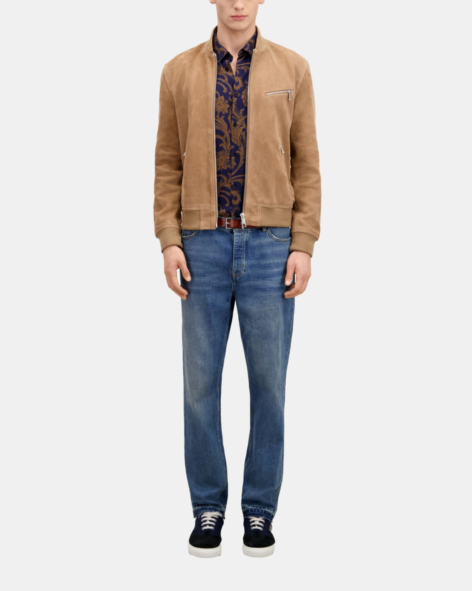 Blouson avec zip en cuir suède beige, BEIGE, hi-res image number null