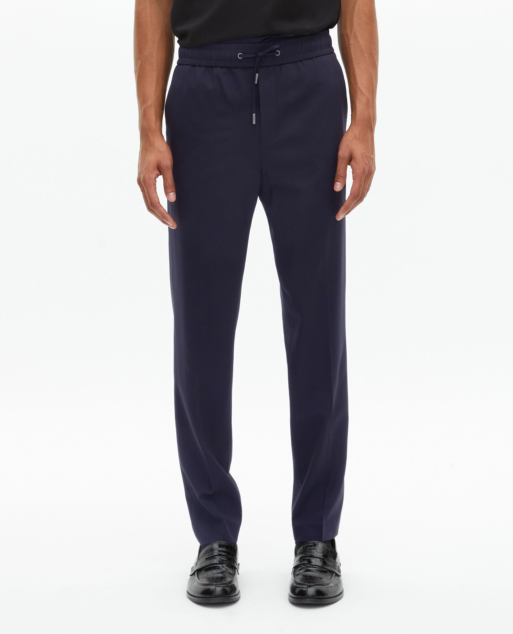 Pantalon élastiqué droit en laine marine, NAVY, hi-res image number null