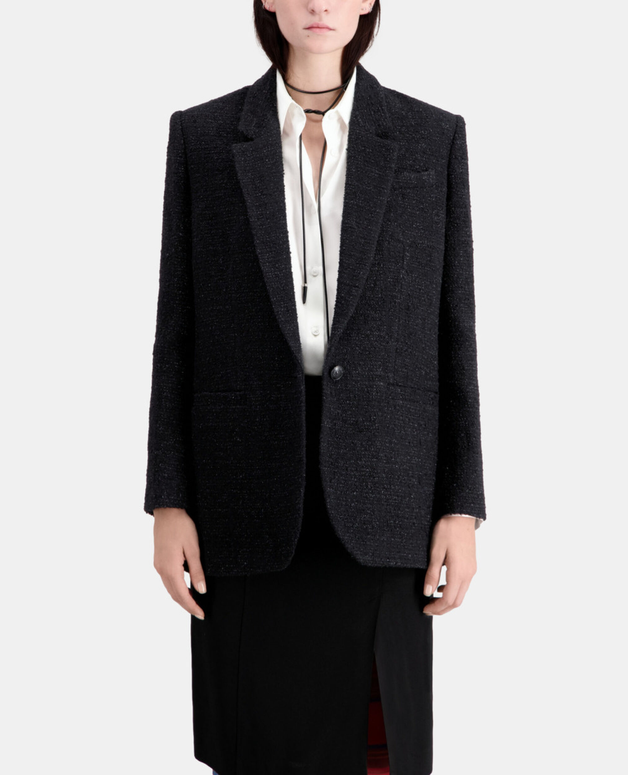 Schwarzer Blazer aus Tweed mit silbernem Faden, BLACK, hi-res image number null