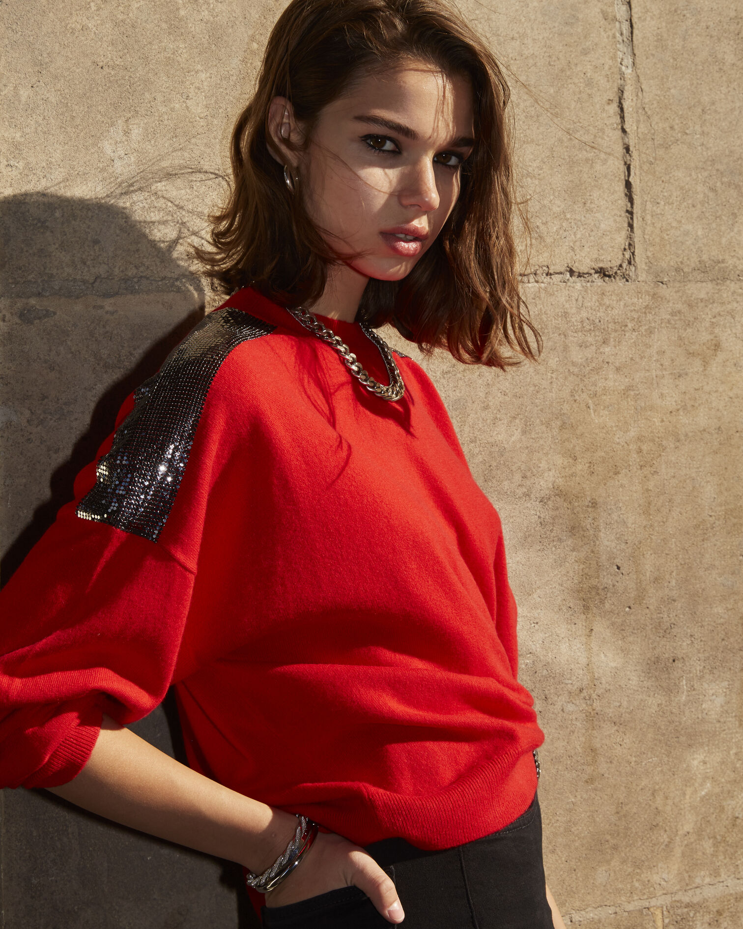 Pull cachemire rouge façon cotte de mailles, RED, hi-res image number null
