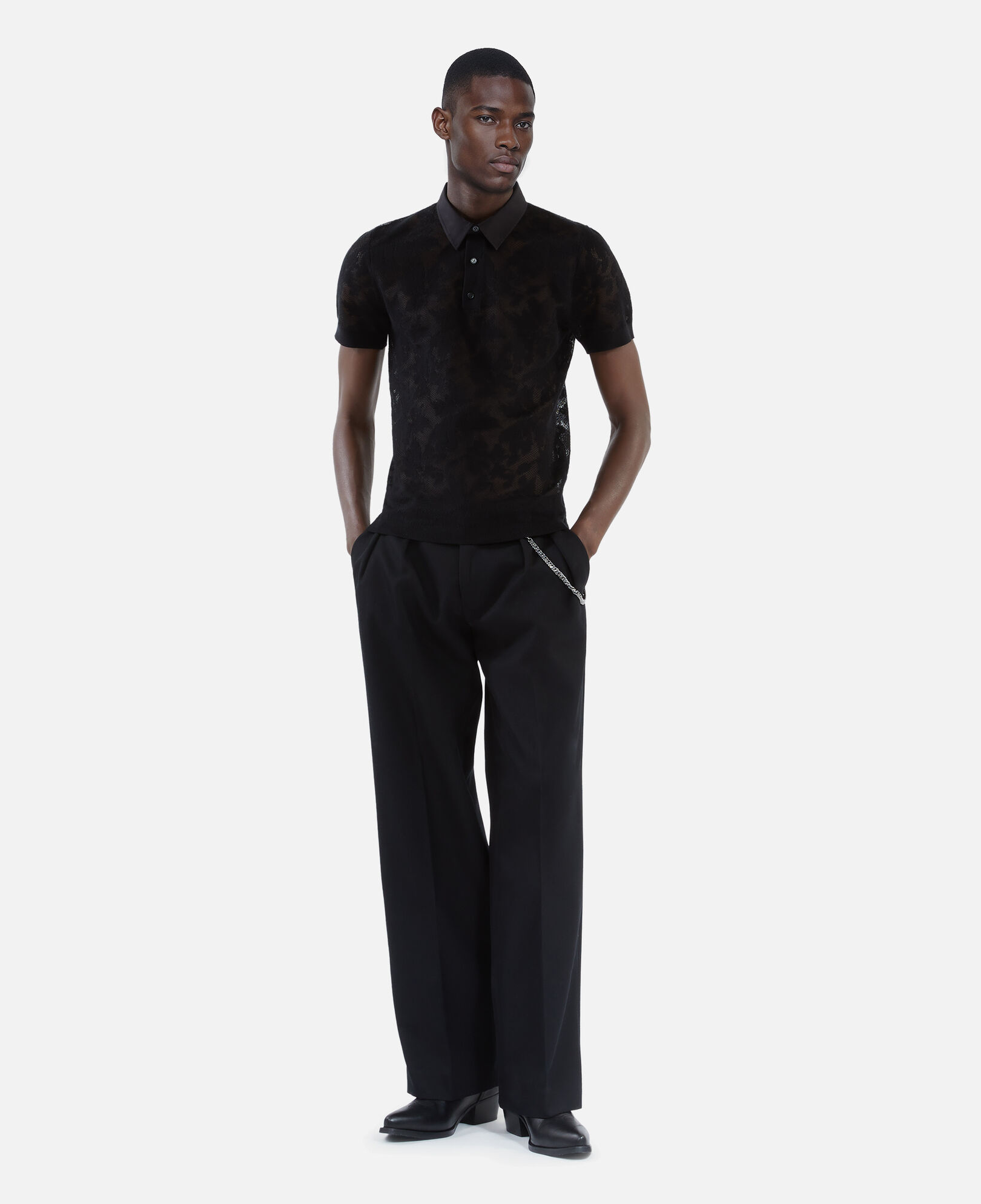 The Kooples HERREN BLACK schwarzes strickpoloshirt mit spitzen-effekt
