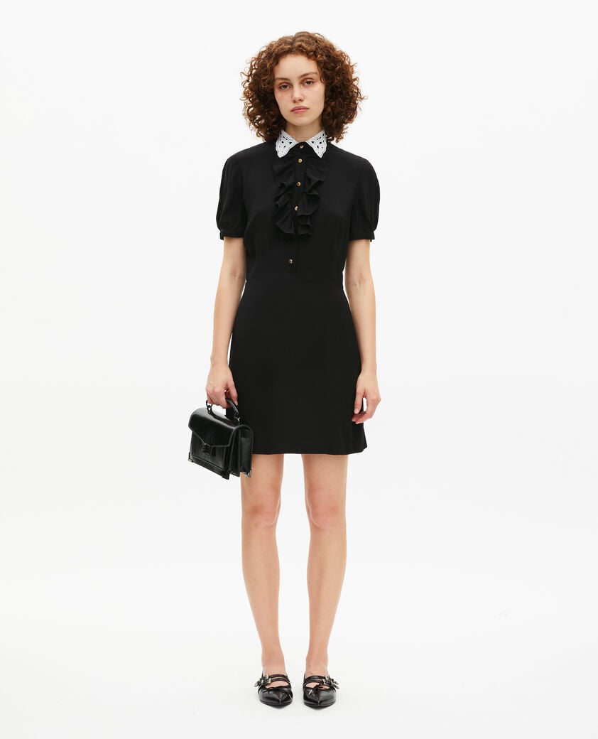 The Kooples FEMME BLACK robe à col brodé contrasté courte noire