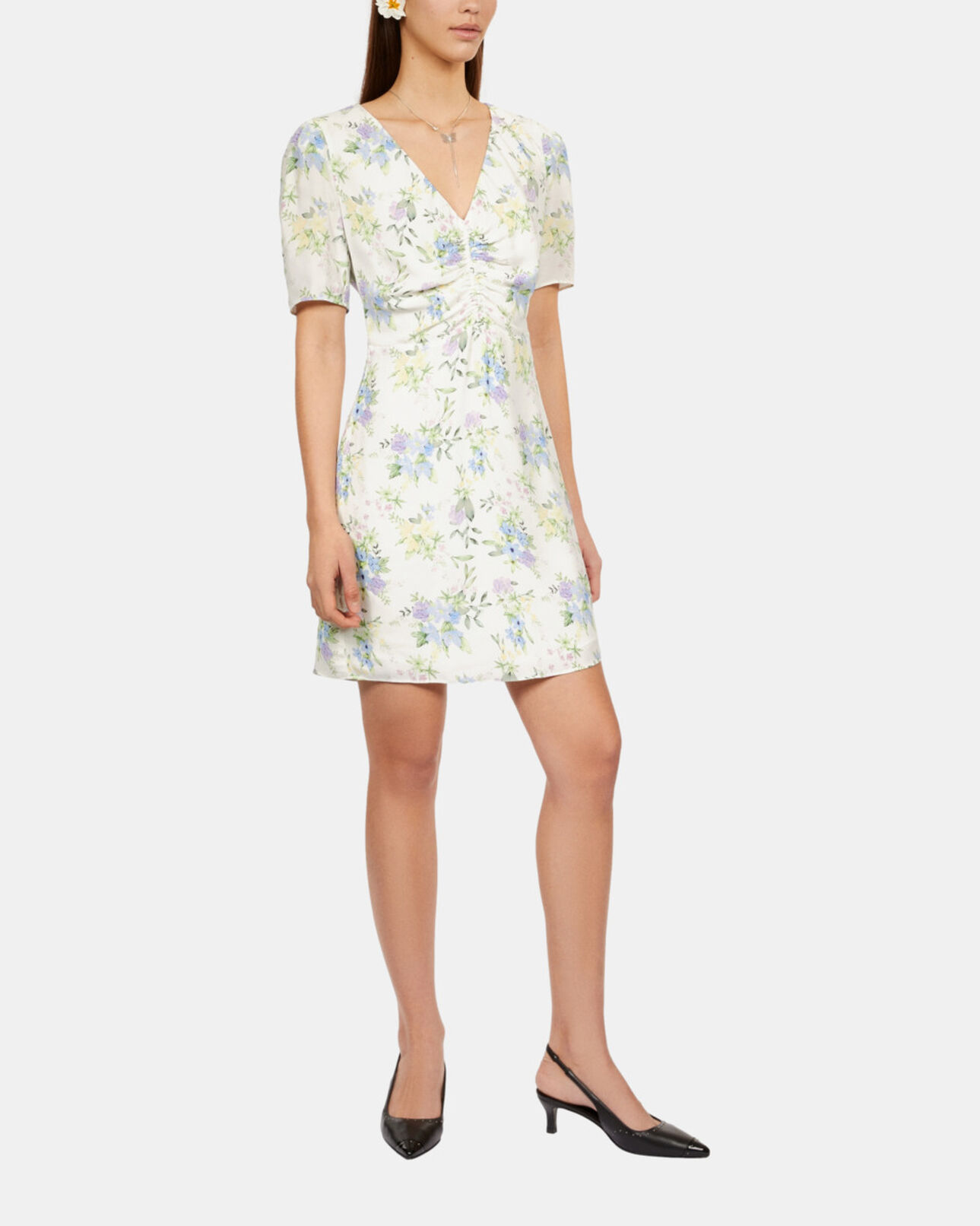The Kooples WOMEN LIGHT BLUE/WHITE white floral short sleeve short dress with shirring