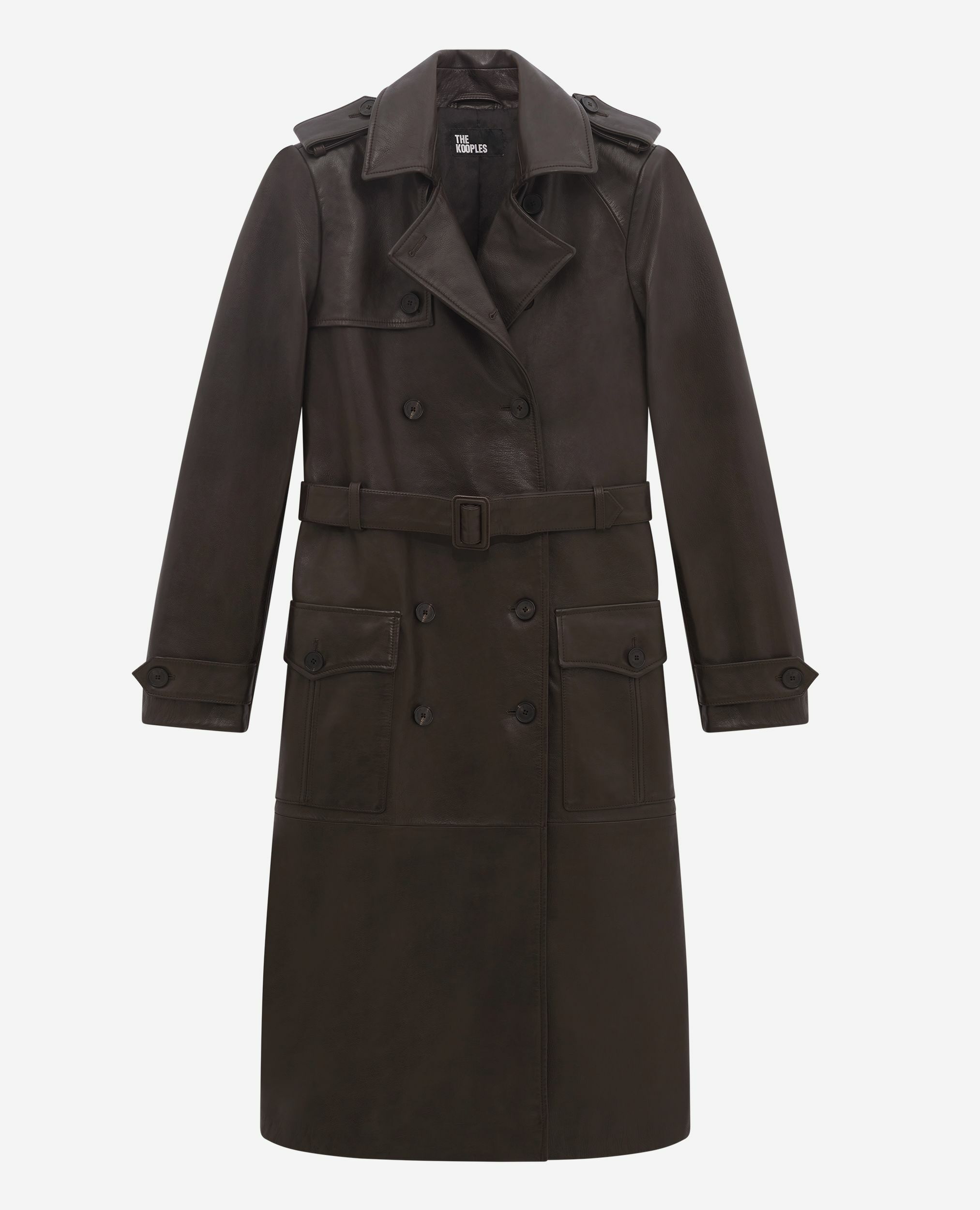 Long brown leather trench coat, DARK BROWN MELANGE, hi-res image number null