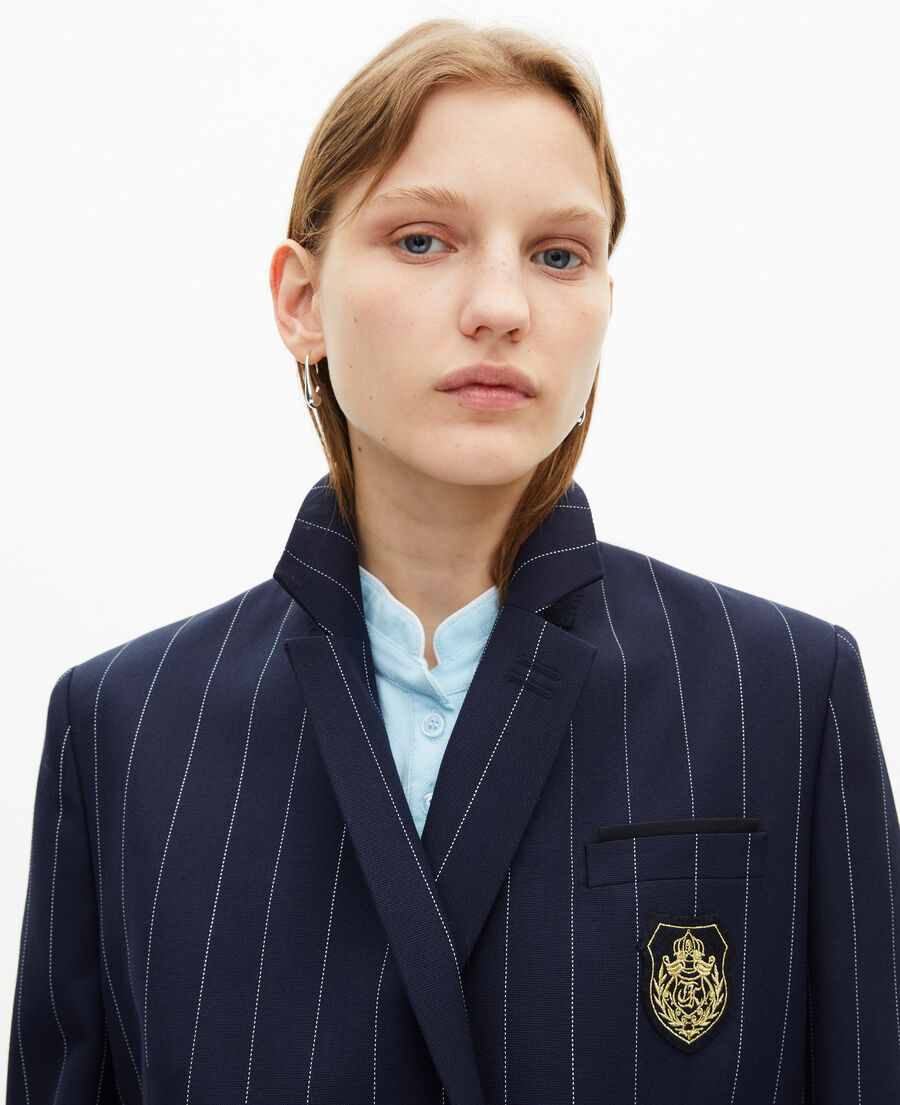 The Kooples WOMEN NAVY navy blue wool blend tennis stripe suit jacket