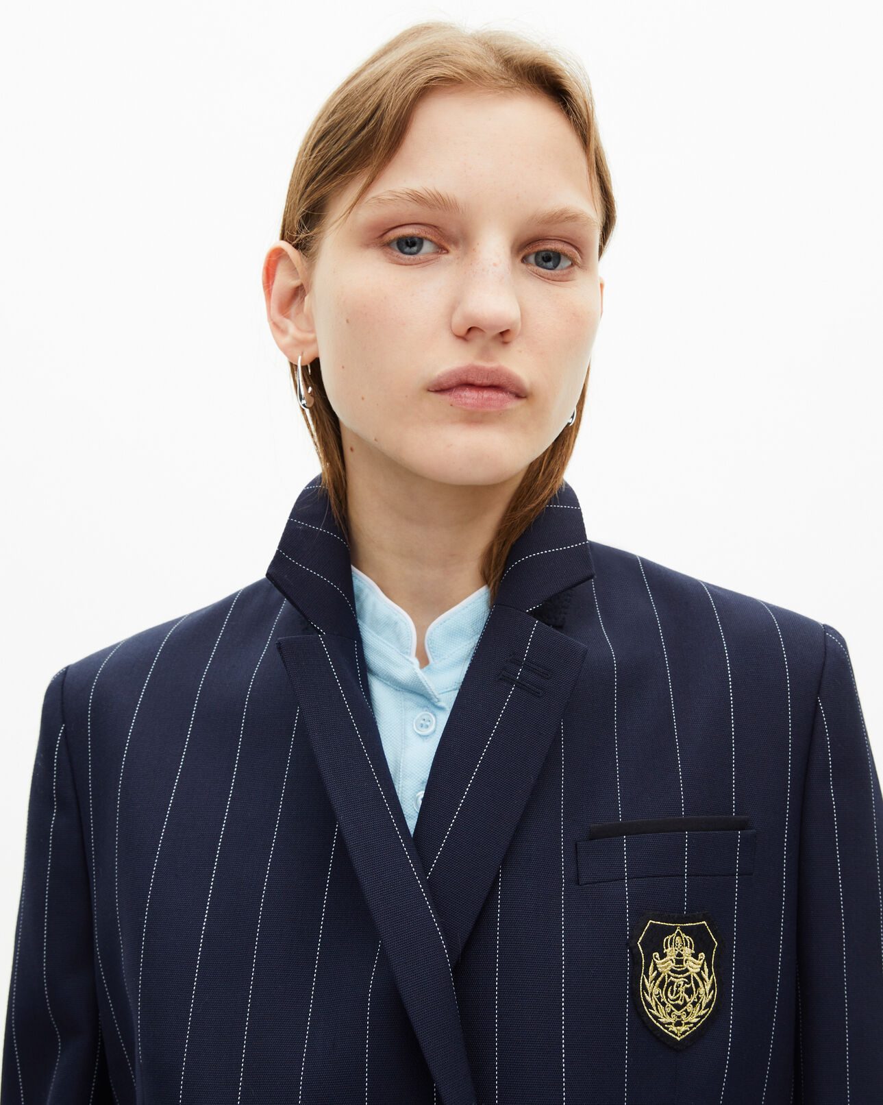The Kooples WOMEN NAVY navy blue wool blend tennis stripe suit jacket