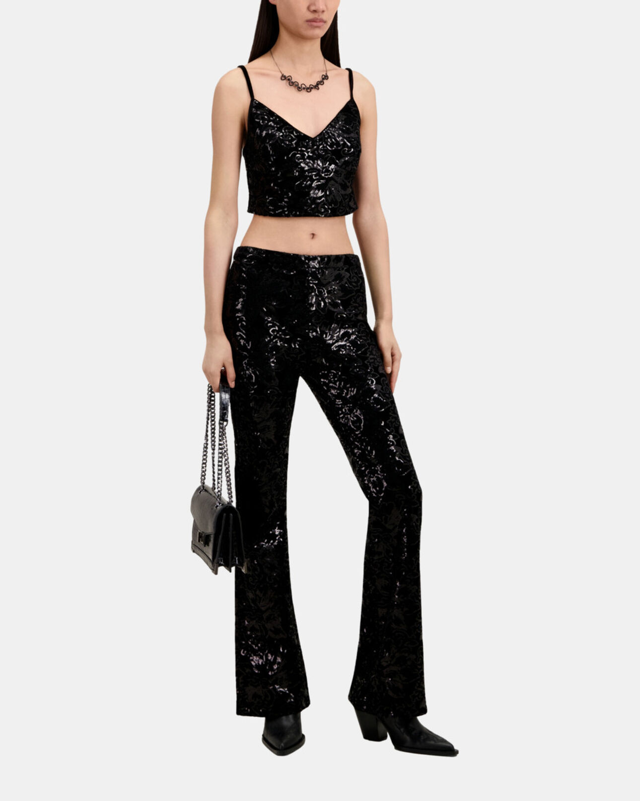 The Kooples WOMEN BLACK black velvet cropped top with sequins