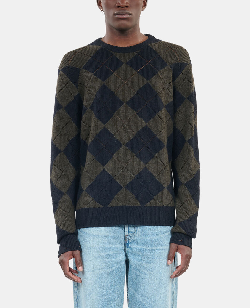 The Kooples HERREN GREEN NAVY pullover mit karomuster in schwarz und khaki