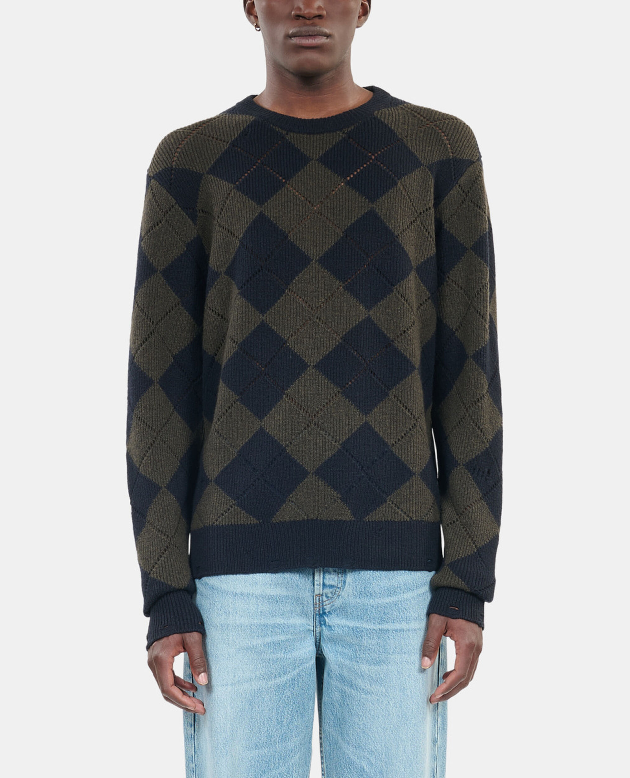 Black and khaki diamond sweater, GREEN NAVY, hi-res image number null