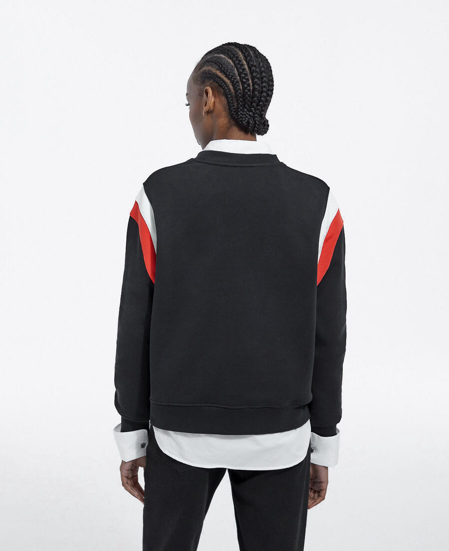 black sweatshirt with contrasting stripes and logo