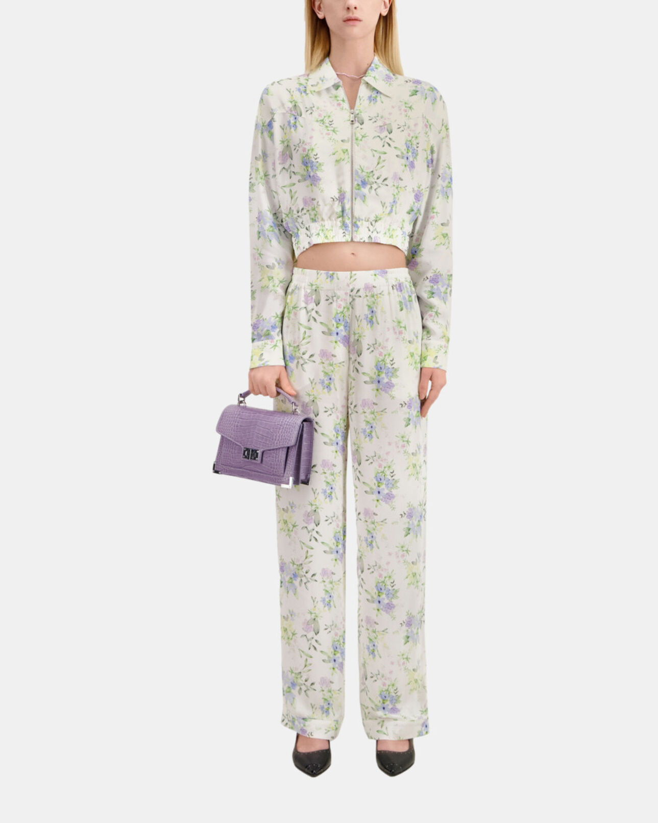The Kooples WOMEN LIGHT BLUE/WHITE white and blue floral print trousers