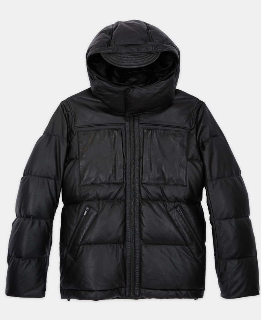 Black leather down jacket with straps The Kooples US