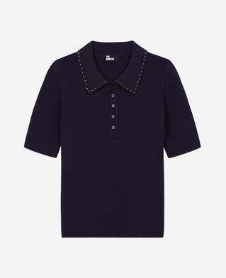 The Kooples F NAVY navy blue knitted polo t-shirt