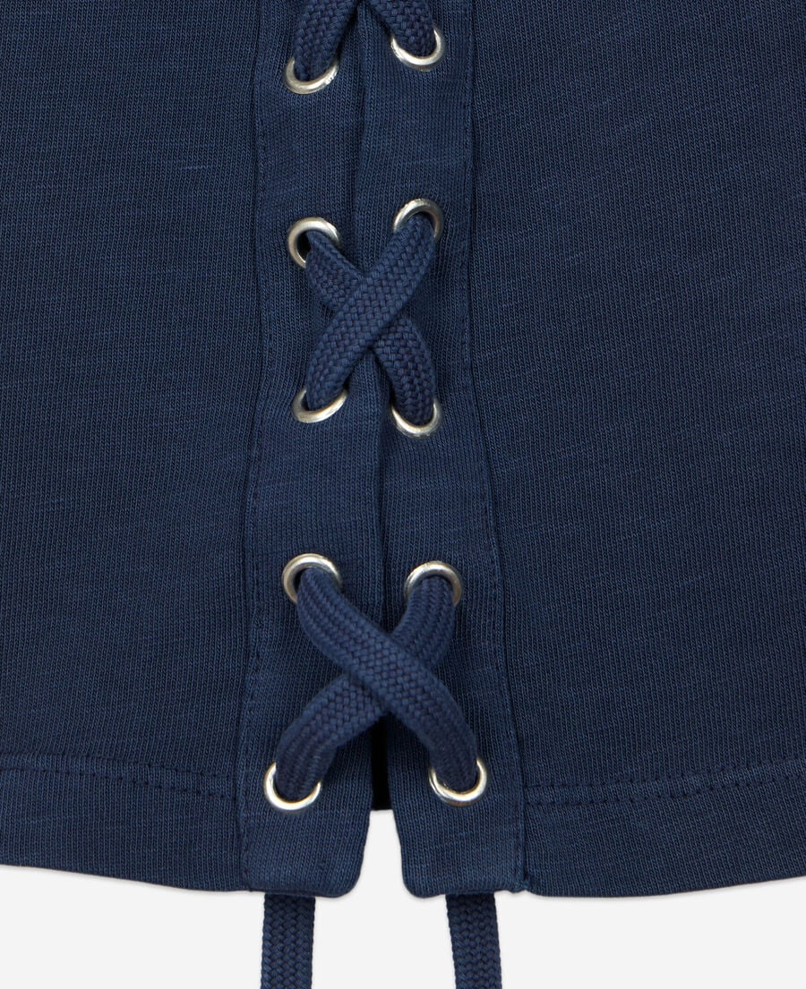 The Kooples DAMEN WASHED NAVY marineblaues t-shirt mit schnürung und eagle-siebdruck