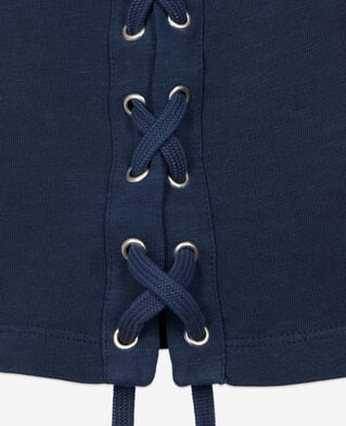 The Kooples DAMEN WASHED NAVY marineblaues t-shirt mit schnürung und eagle-siebdruck