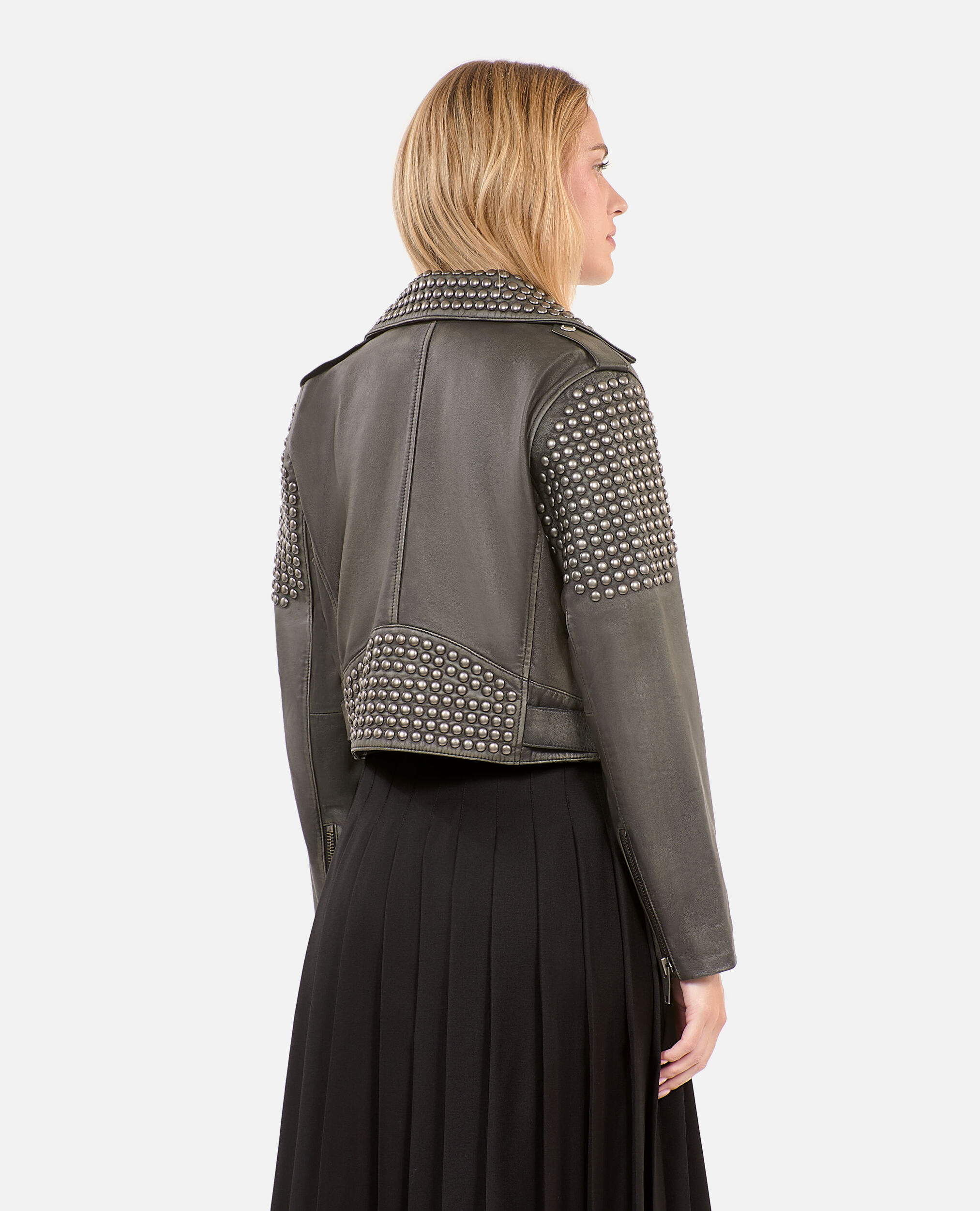 Studded black leather jacket, BLACK, hi-res image number null