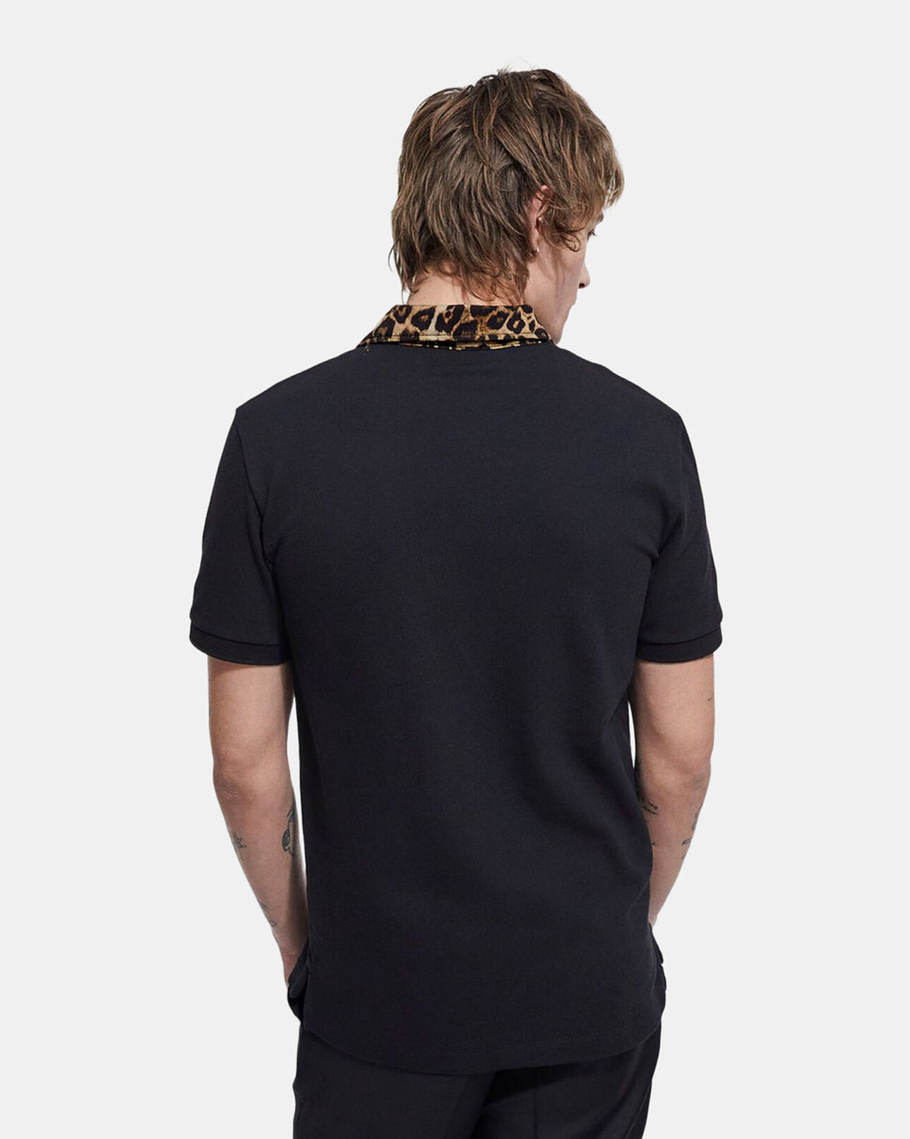 The Kooples MEN BLACK polo with leopard print collar