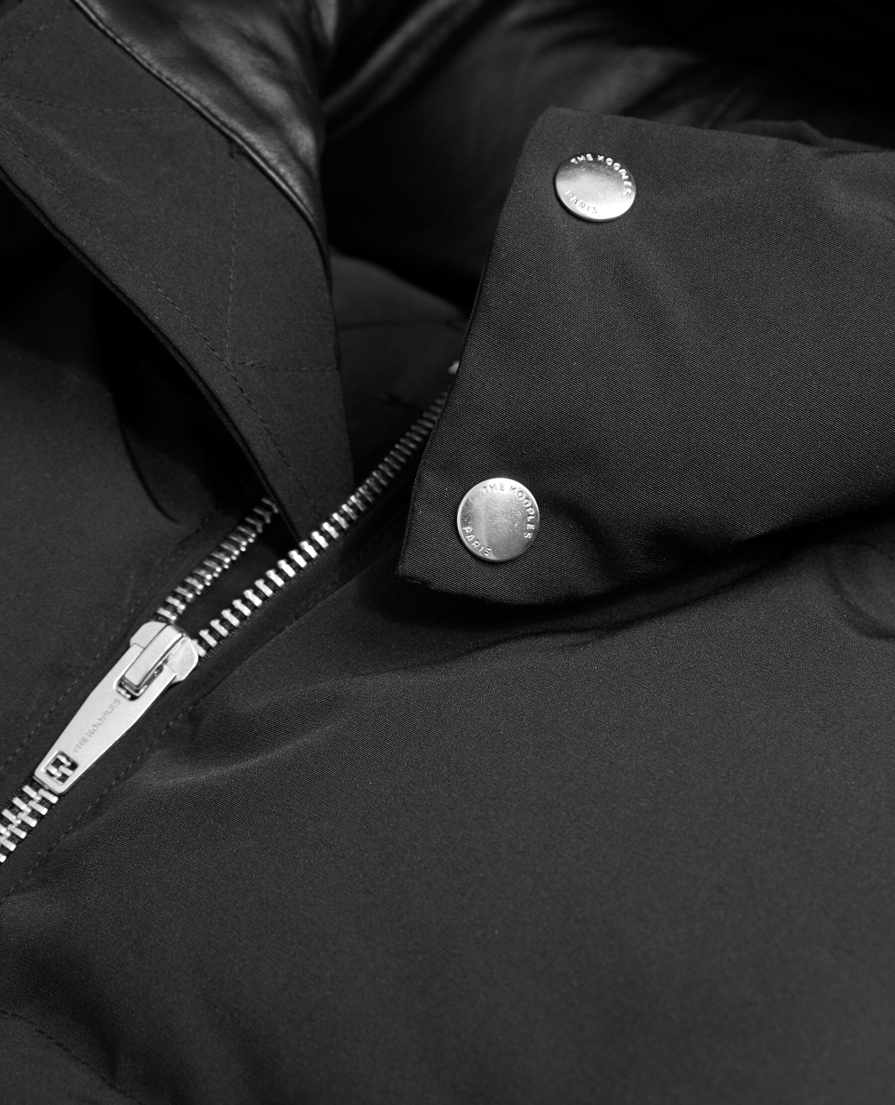 Black nylon down jacket with leather details The Kooples US