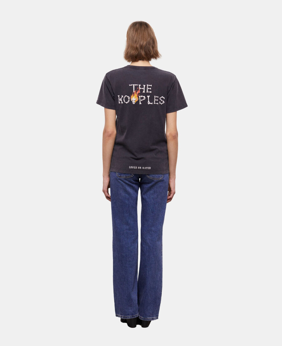 t-shirt femme noir sérigraphié skull on fire