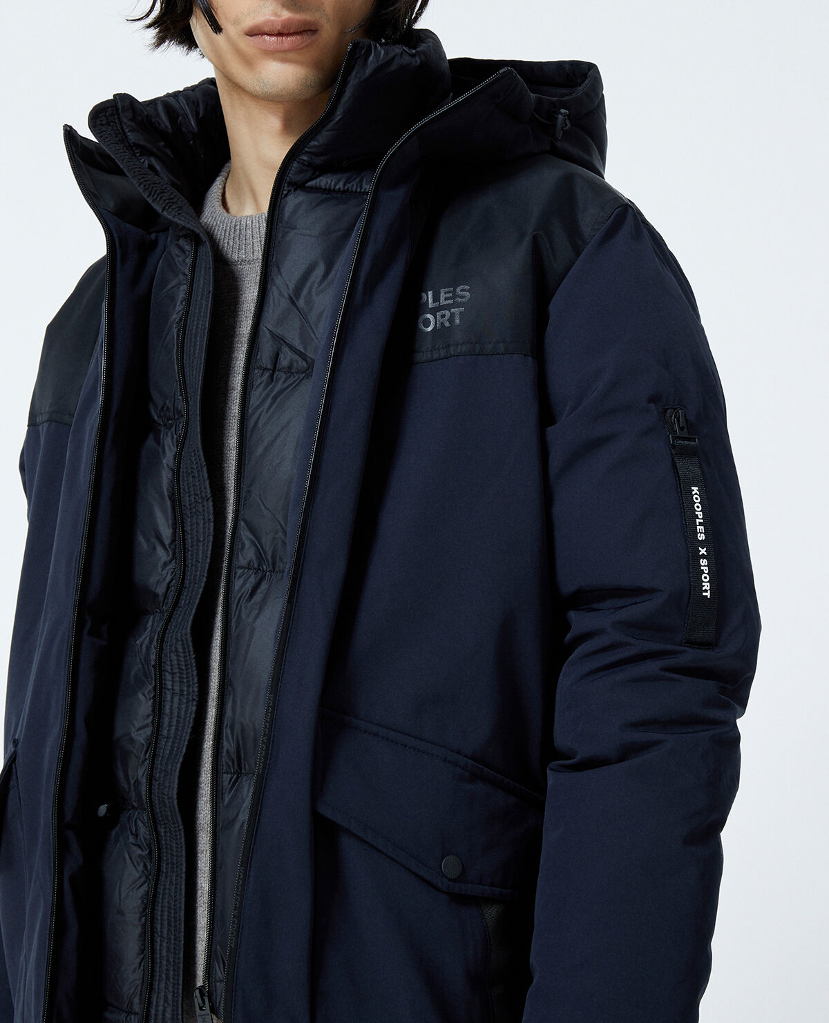 Hooded black and navy blue parka The Kooples