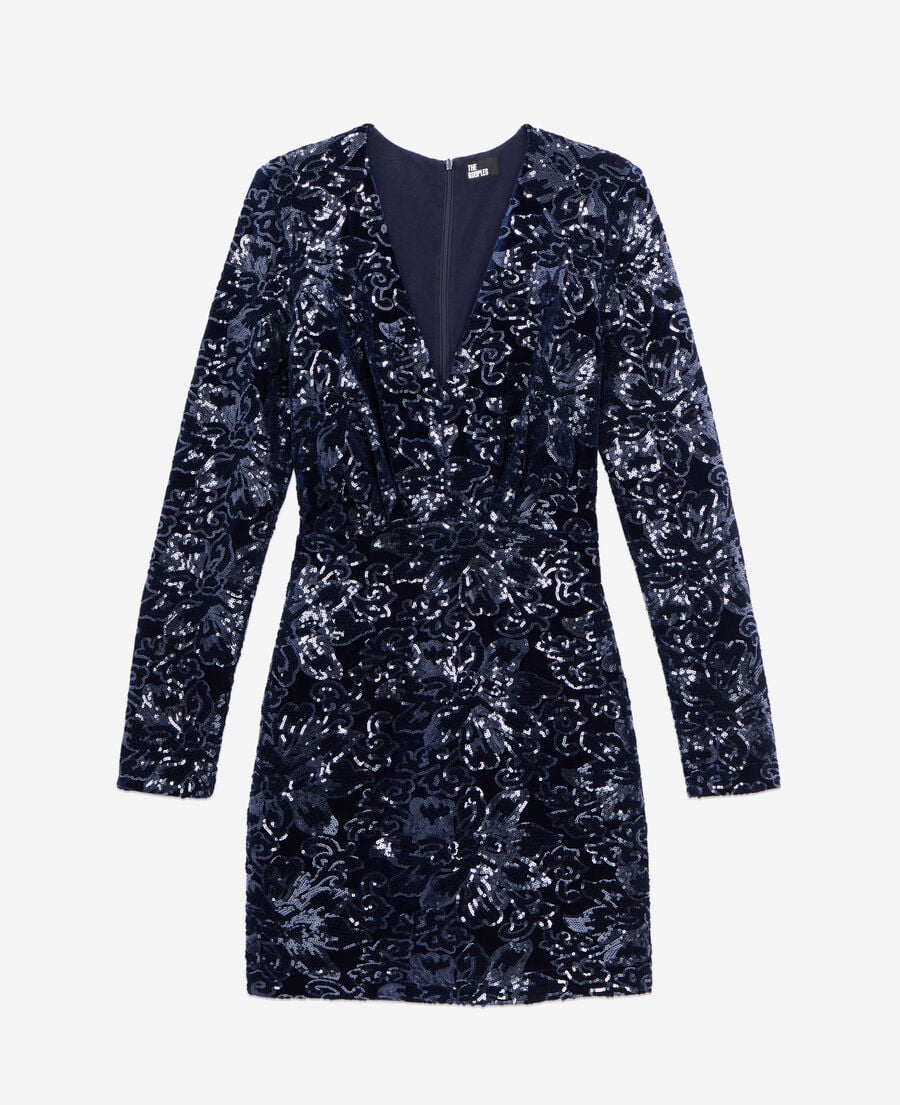 The Kooples WOMEN NAVY short navy blue velvet dress with sequins