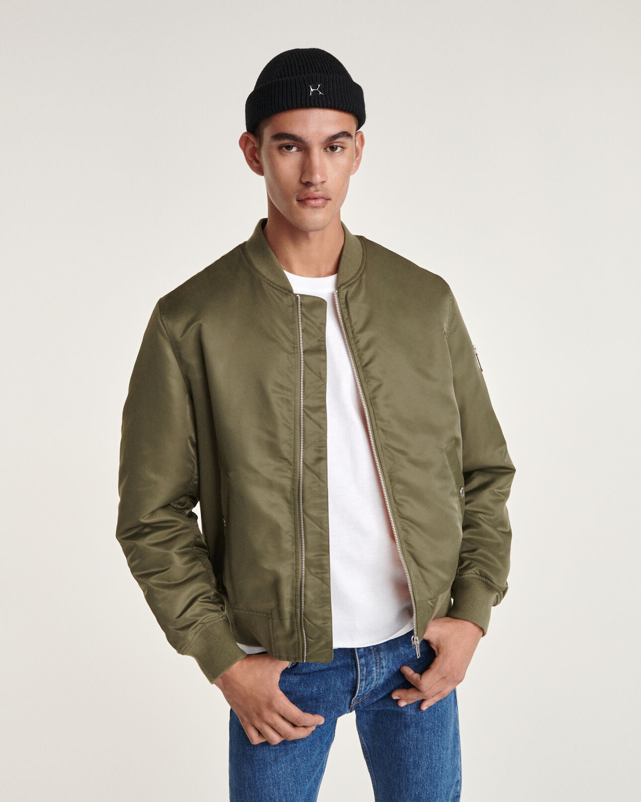 The Kooples MEN KAKI khaki bomber jacket with orange lining