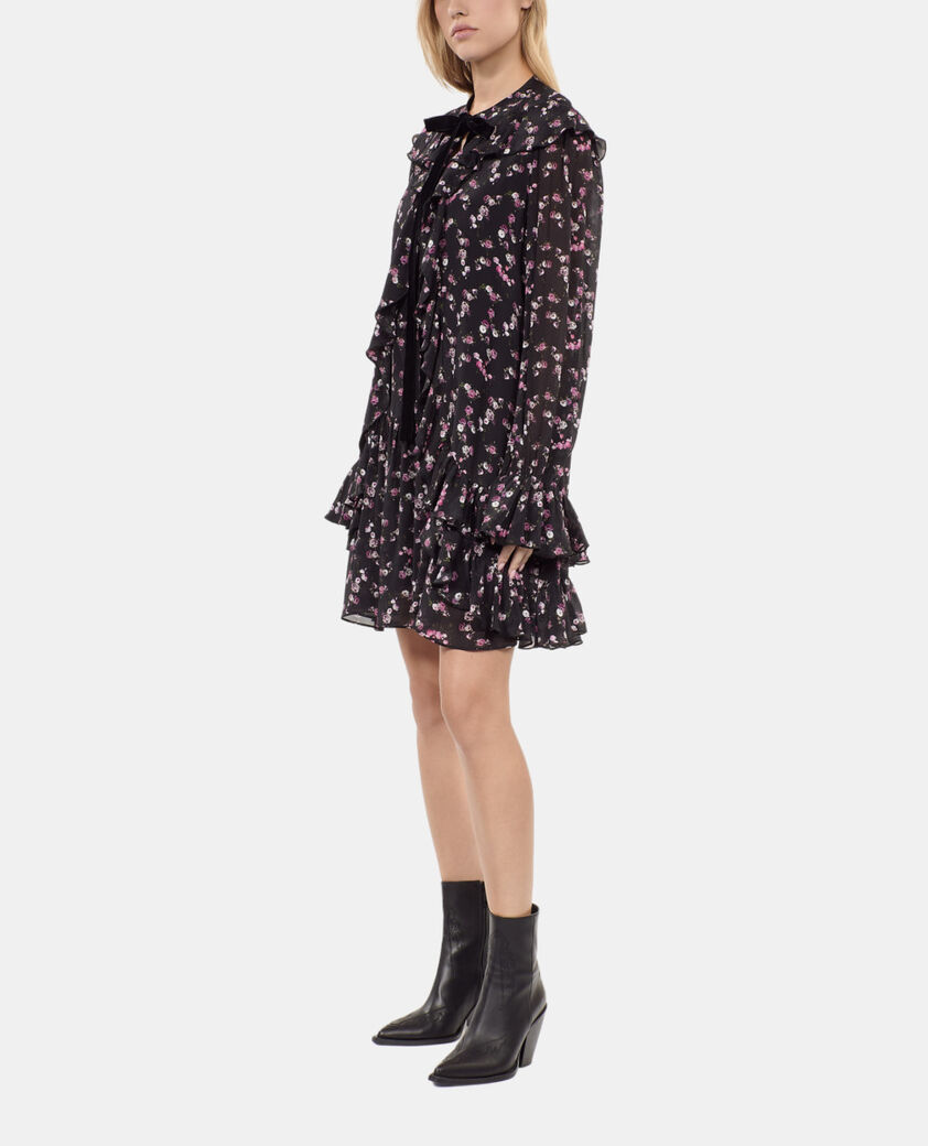 The Kooples FEMME BLACK robe courte &agrave; volants imprim&eacute; fleuri