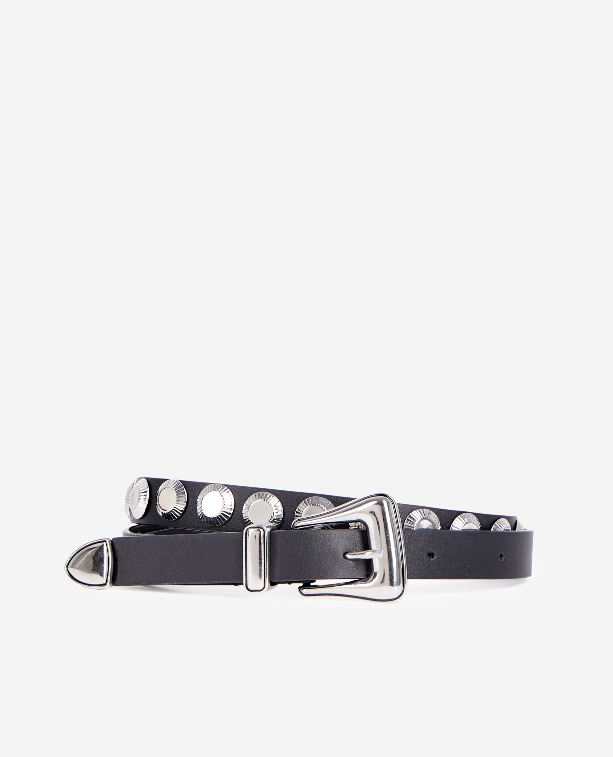 Thin black leather belt with studs, BLACK, hi-res image number null