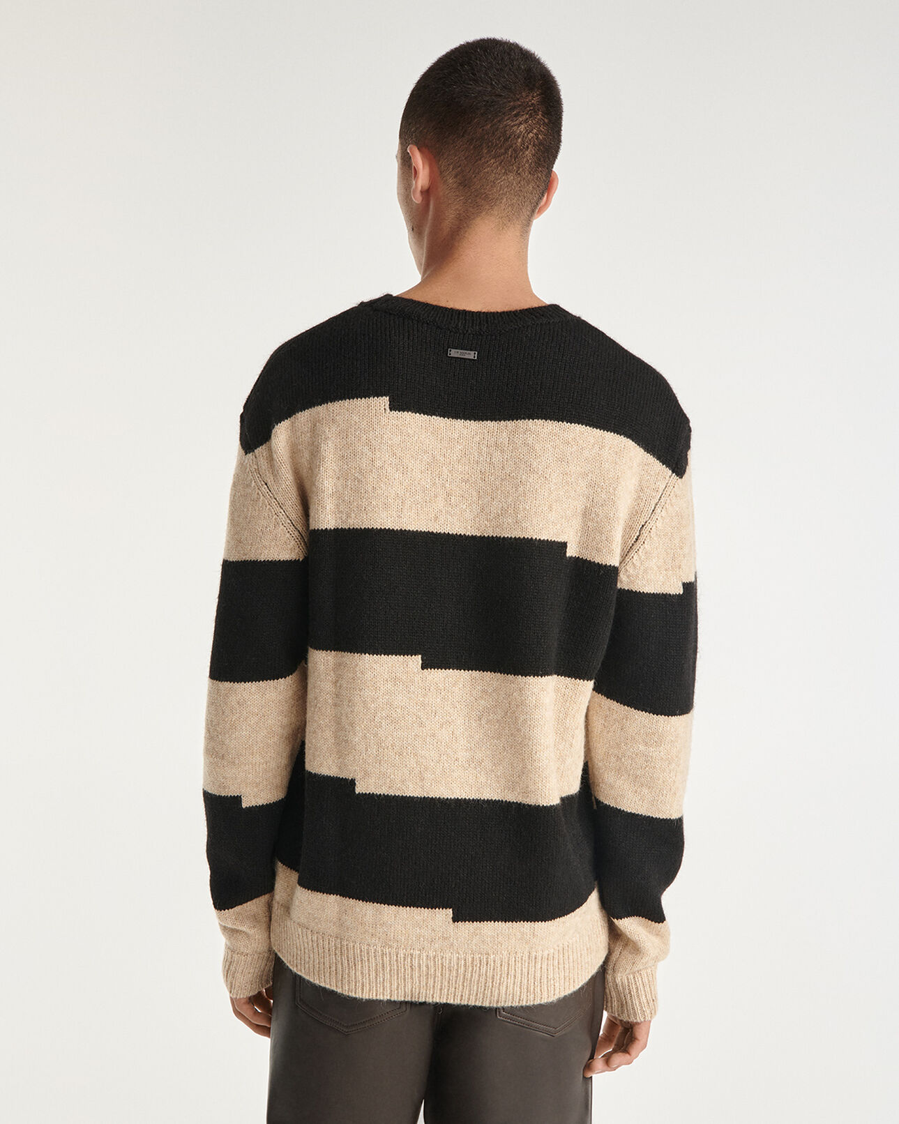 The Kooples HOMME BLACK BEIGE pull laine noir et beige à col rond
