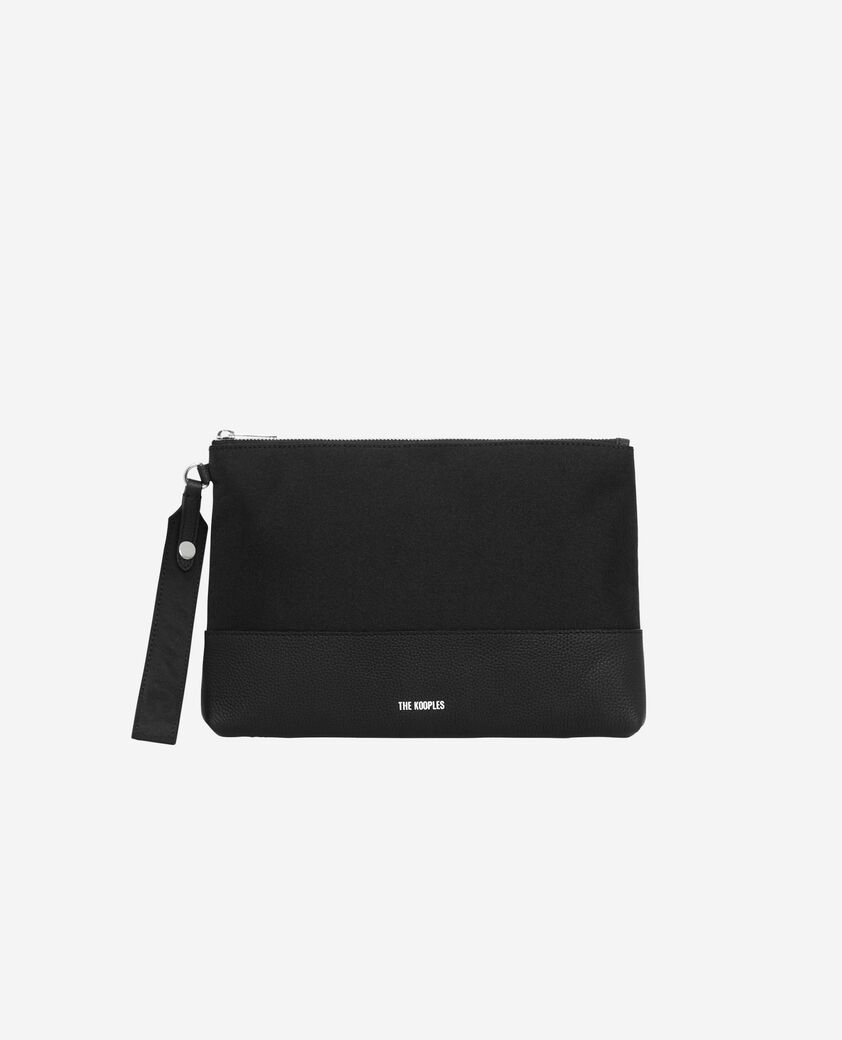 The Kooples HOMME BLACK pochette de voyage en canvas et cuir grain&eacute; noir