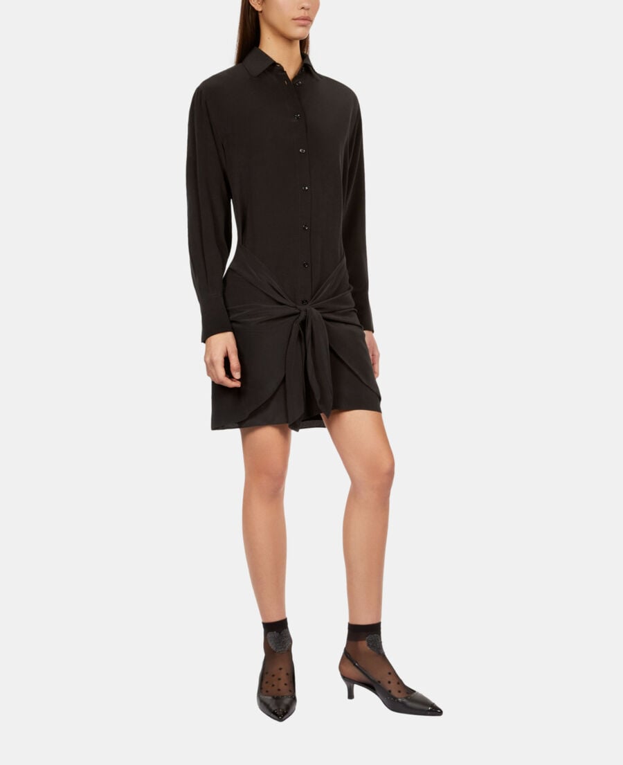 The Kooples FEMME BLACK robe chemise courte en soie avec nœud noire