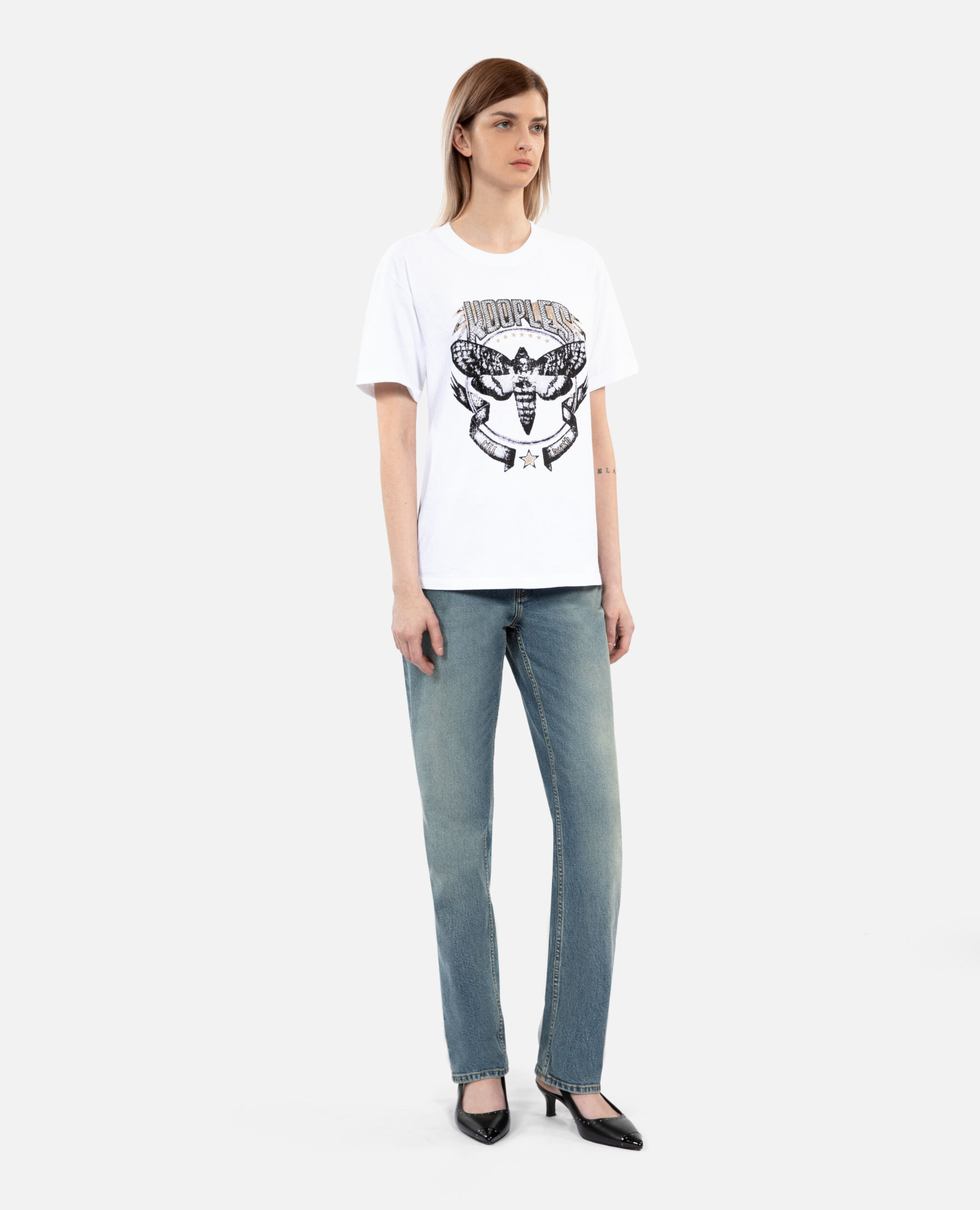 Women's white t-shirt with Skull butterfly serigraphy, WHITE, hi-res image number null