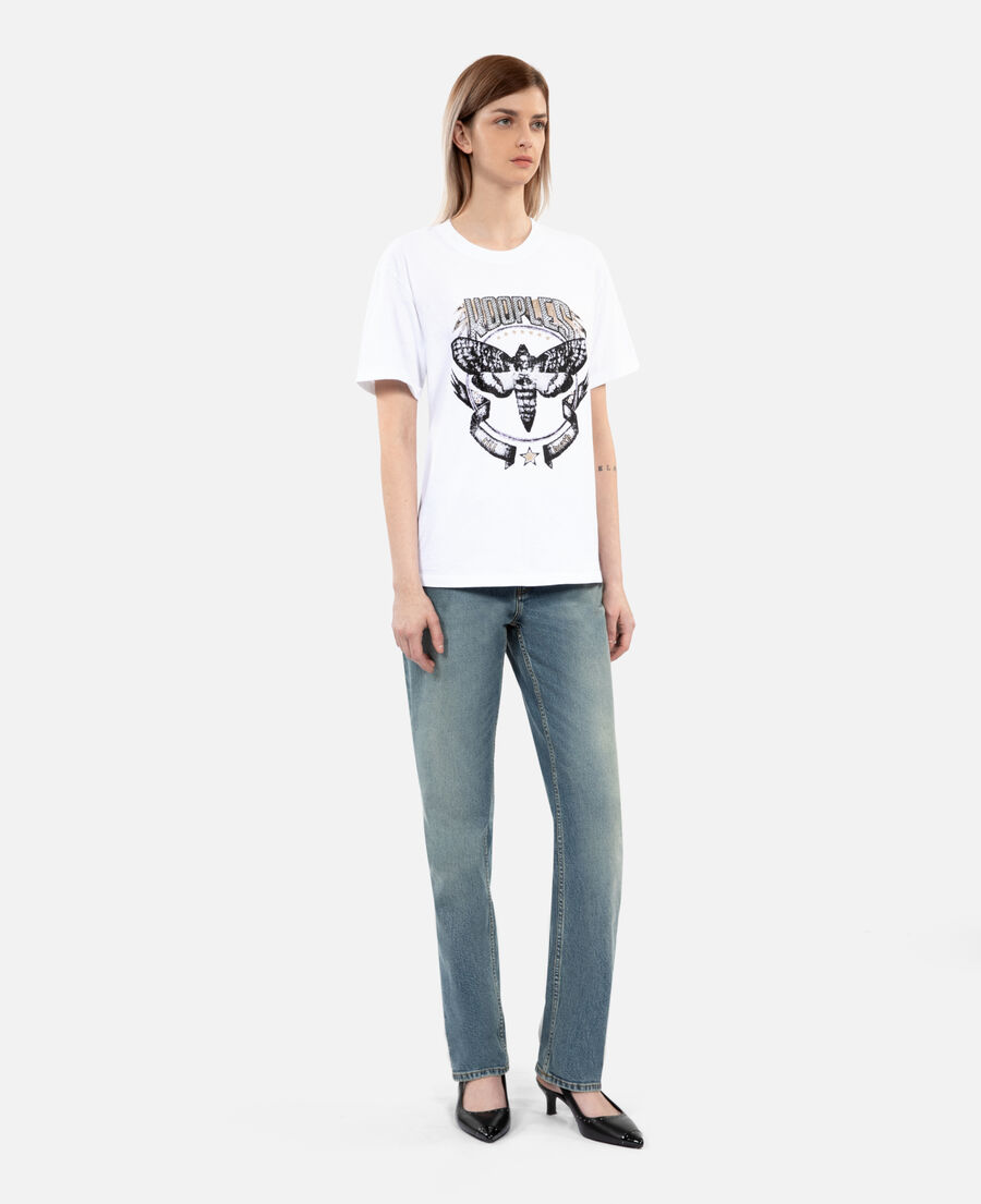 women's white t-shirt with skull butterfly serigraphy